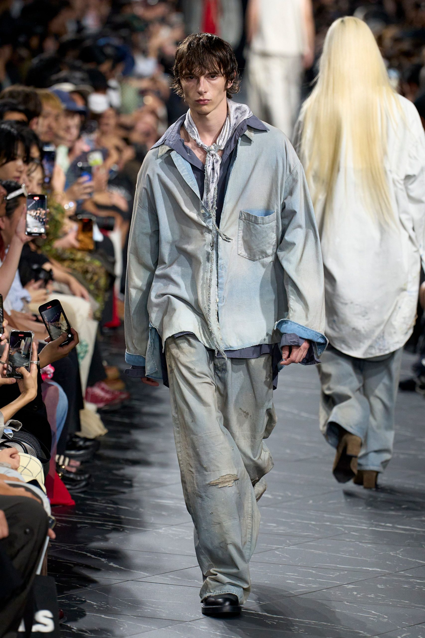 blue relaxed shirt with distressed pants
