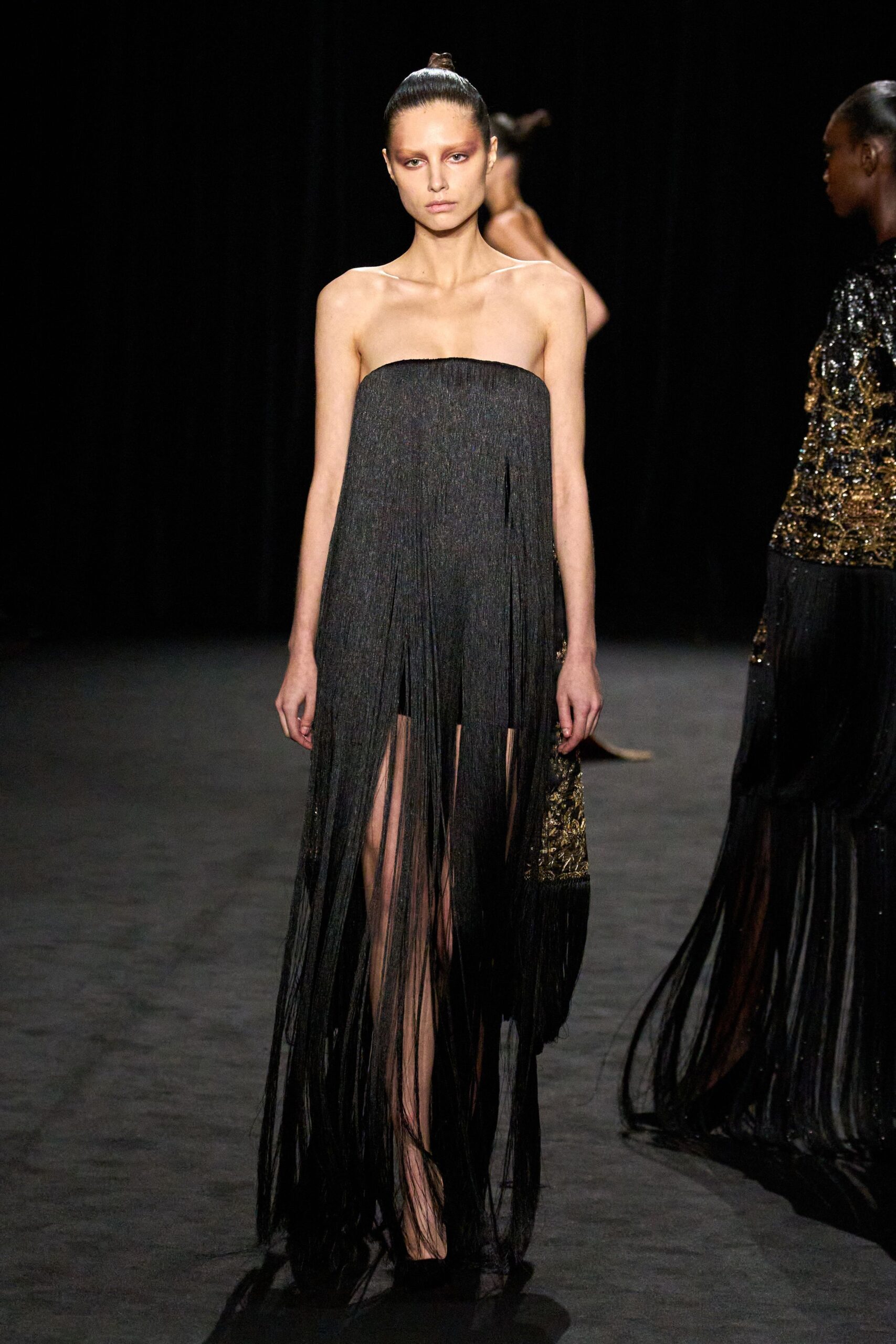 black silk strapless fringed dress