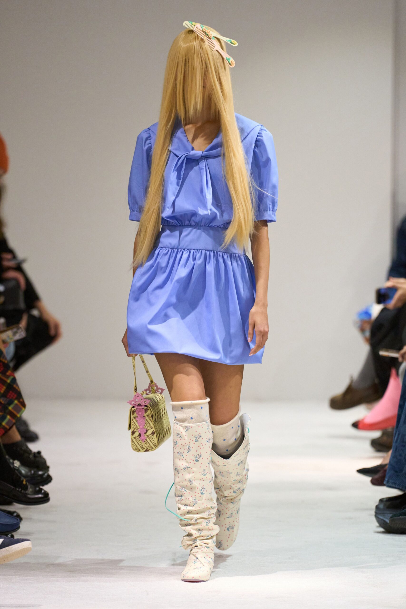 blue cotton short-sleeve collared fitted pleated mini dress
