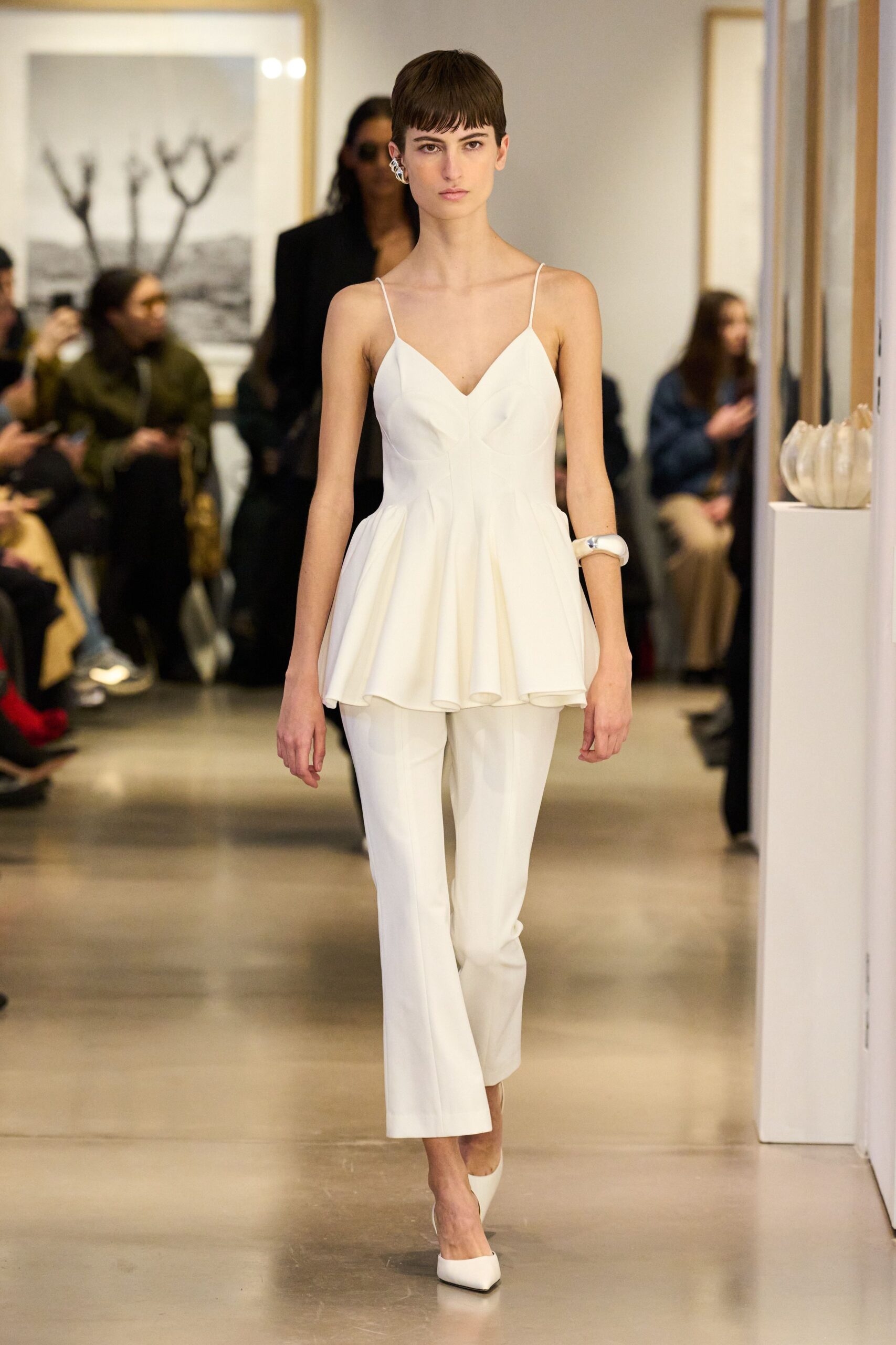 white silk peplum top with pants