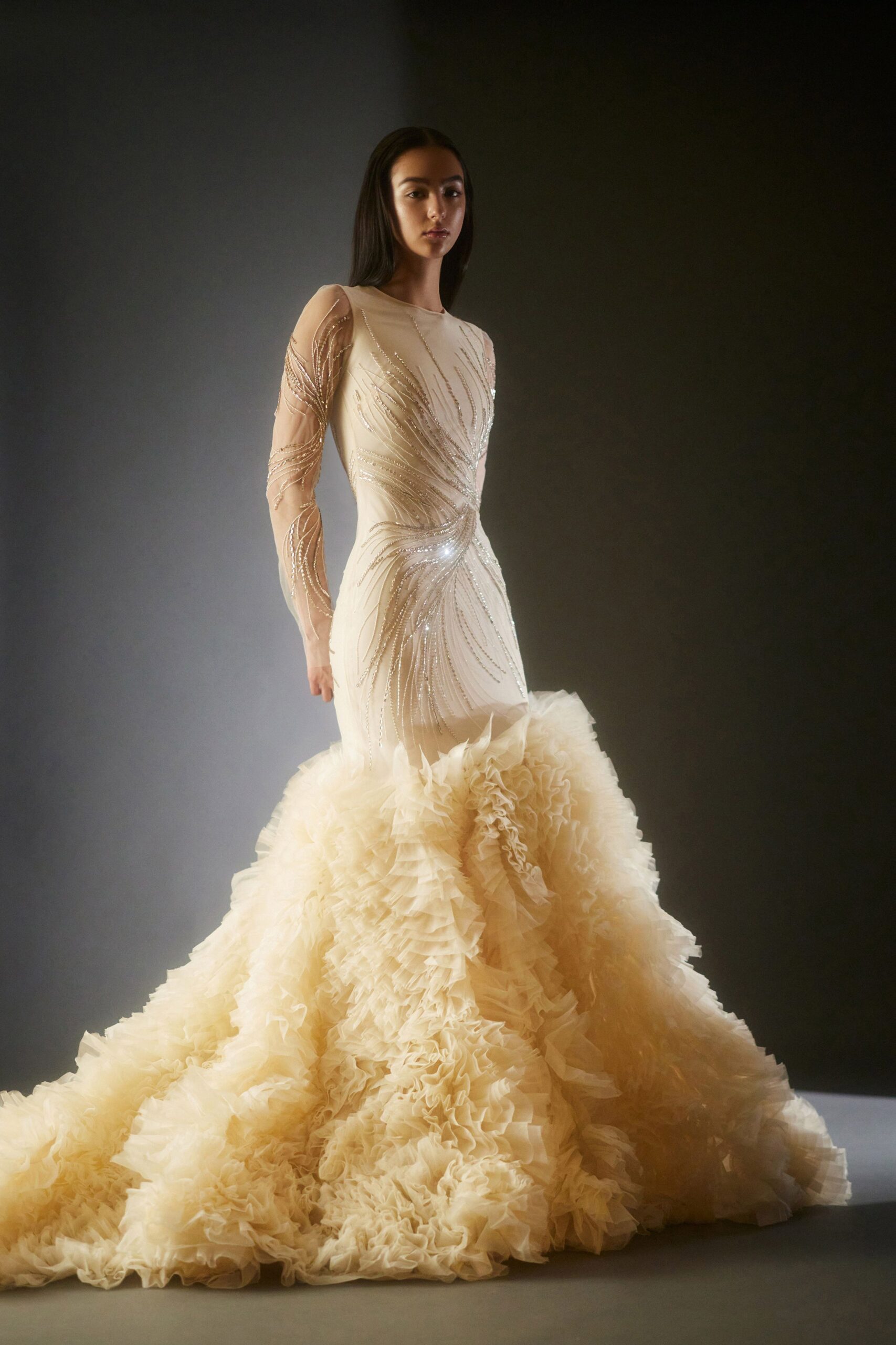 ivory silk long-sleeve gown