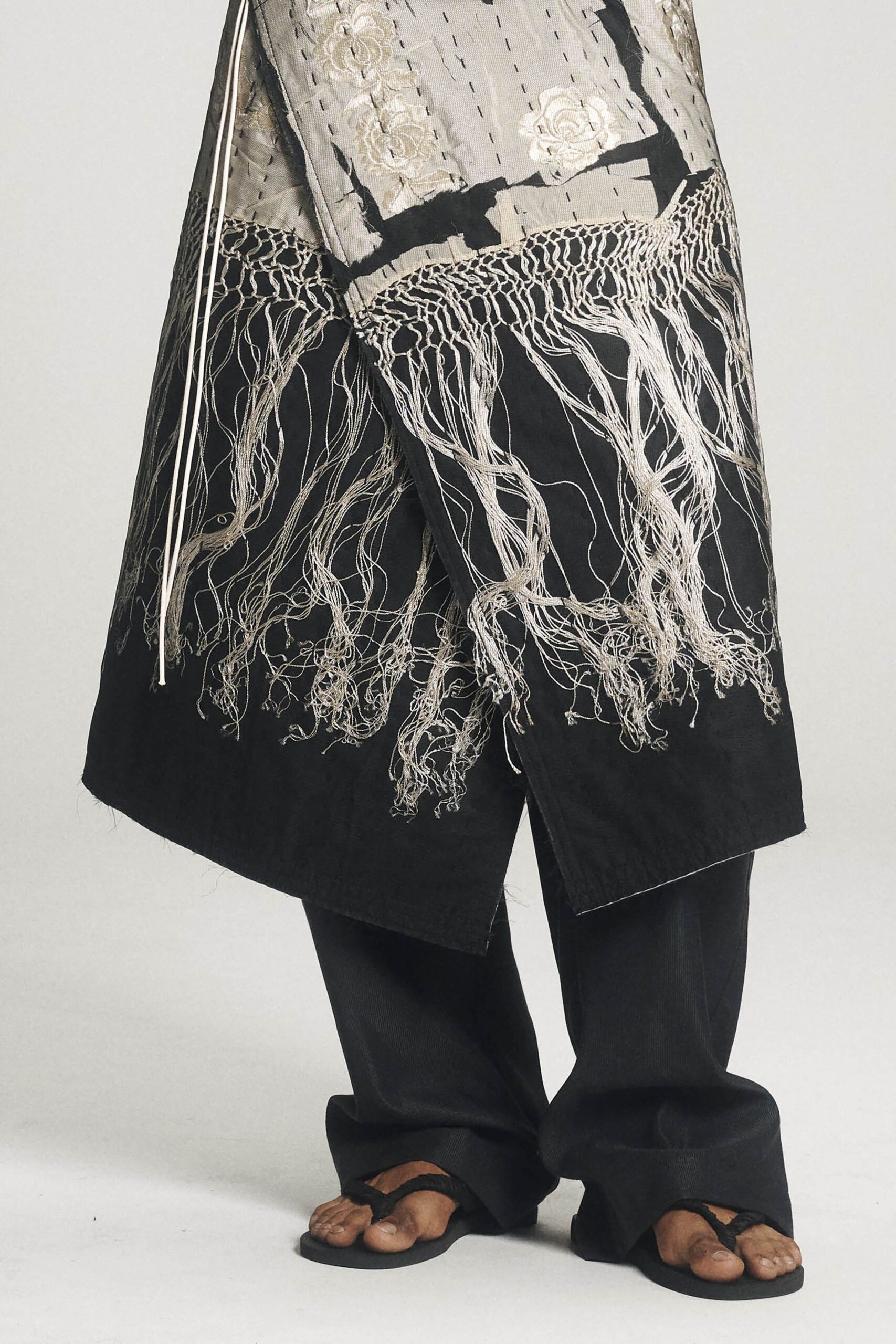 black cotton structured layered embroidered textured midi skirt