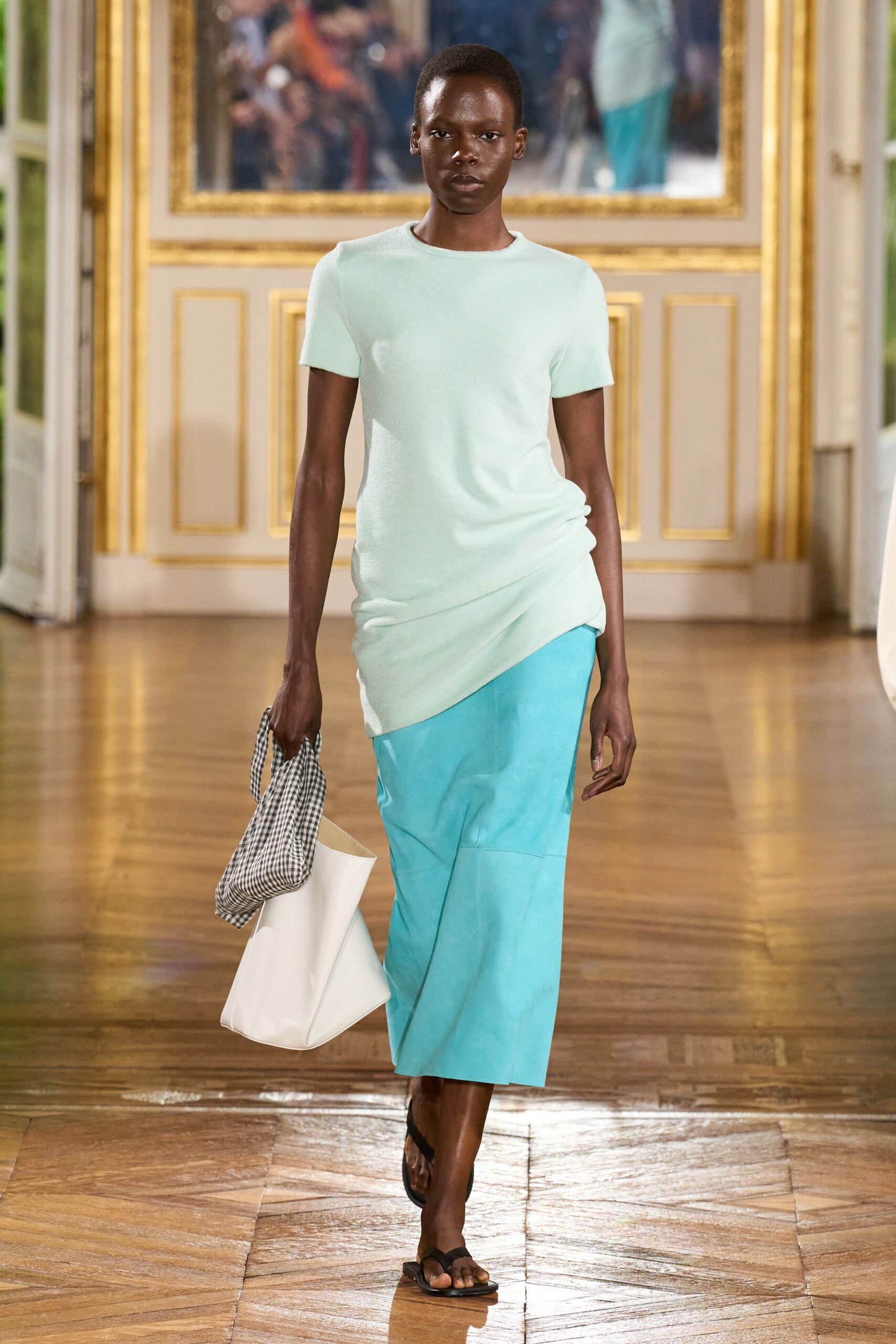 teal cotton fitted straight-leg midi skirt