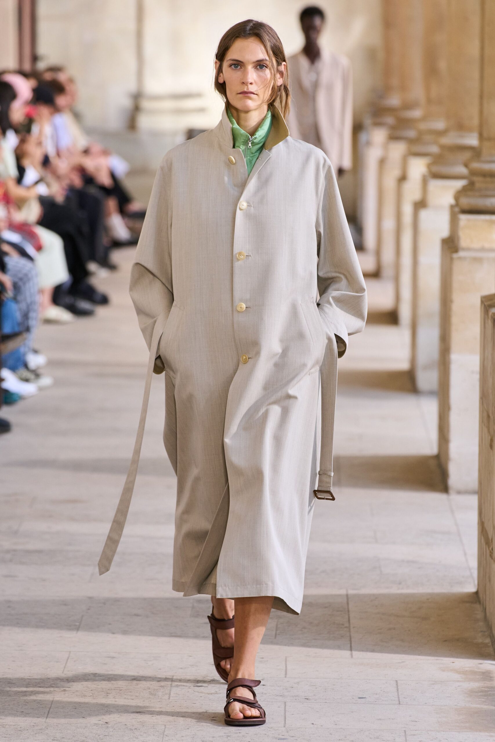 beige wool long-sleeve collared oversized buttoned pockets coat