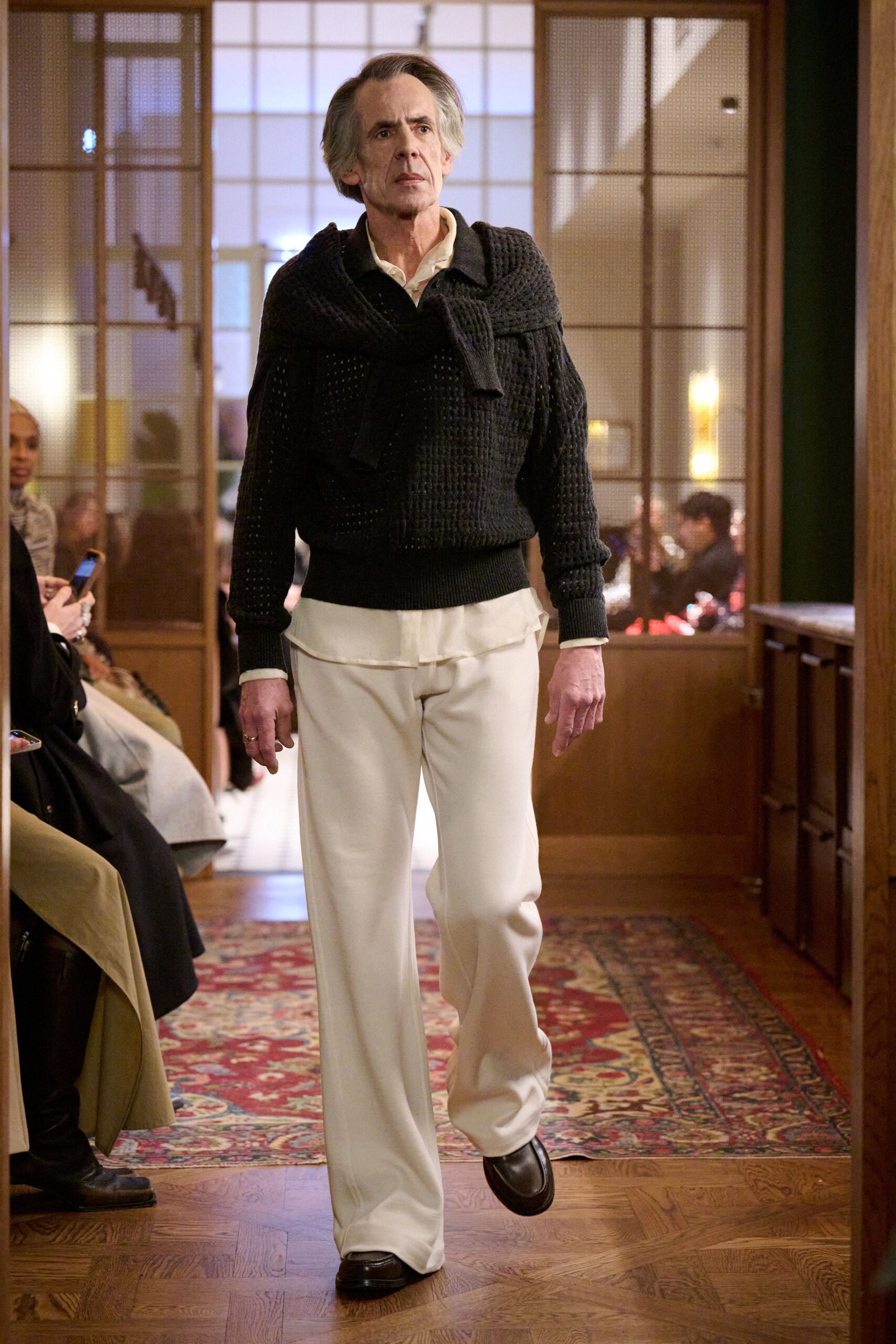 black wool sweater white shirt tailored pants