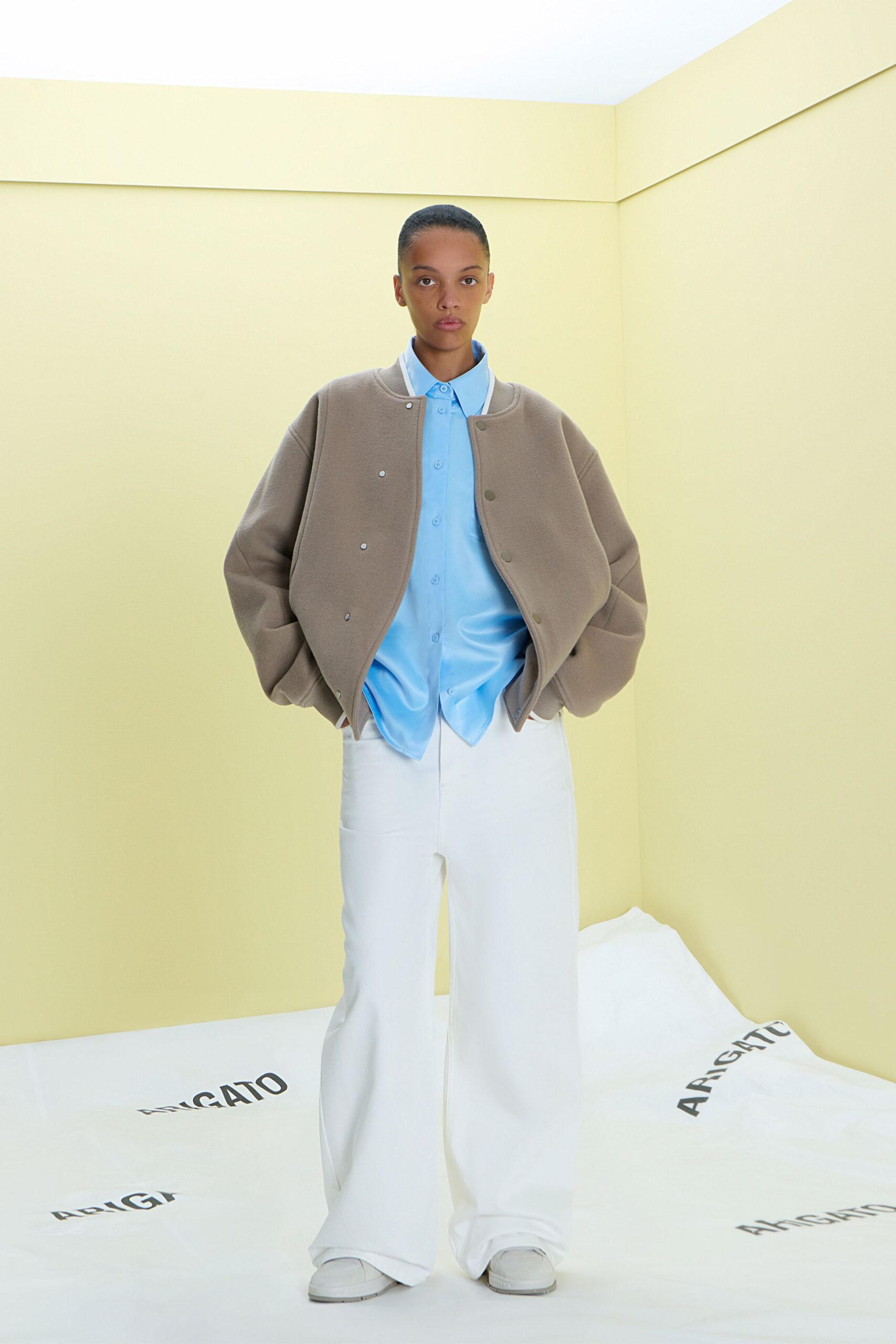 brown relaxed jacket with blue shirt