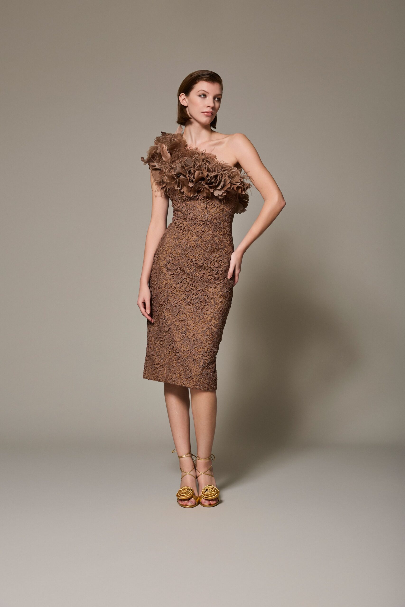brown lace sleeveless off-shoulder fitted ruffled embroidered dress