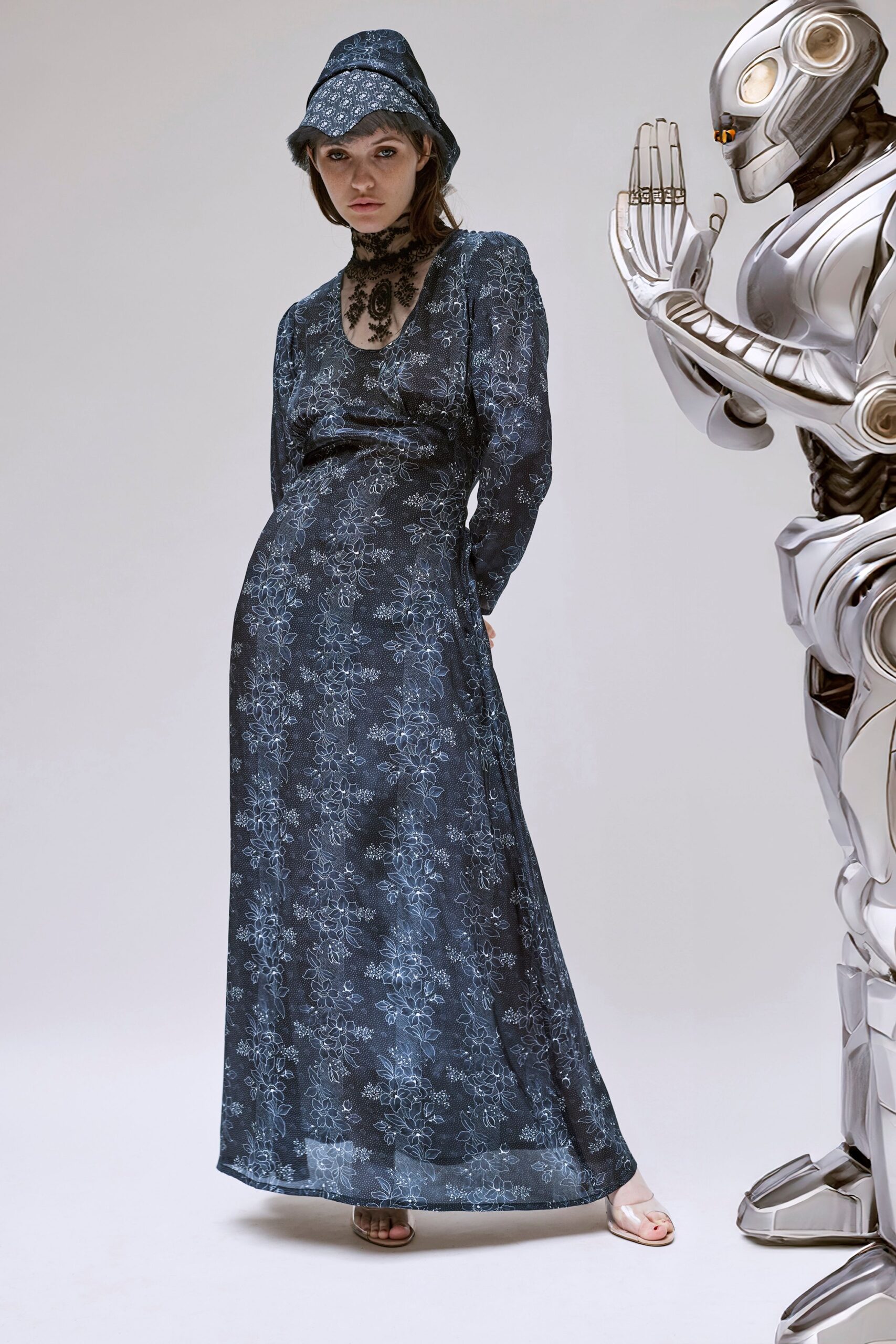 blue silk fitted floral hat