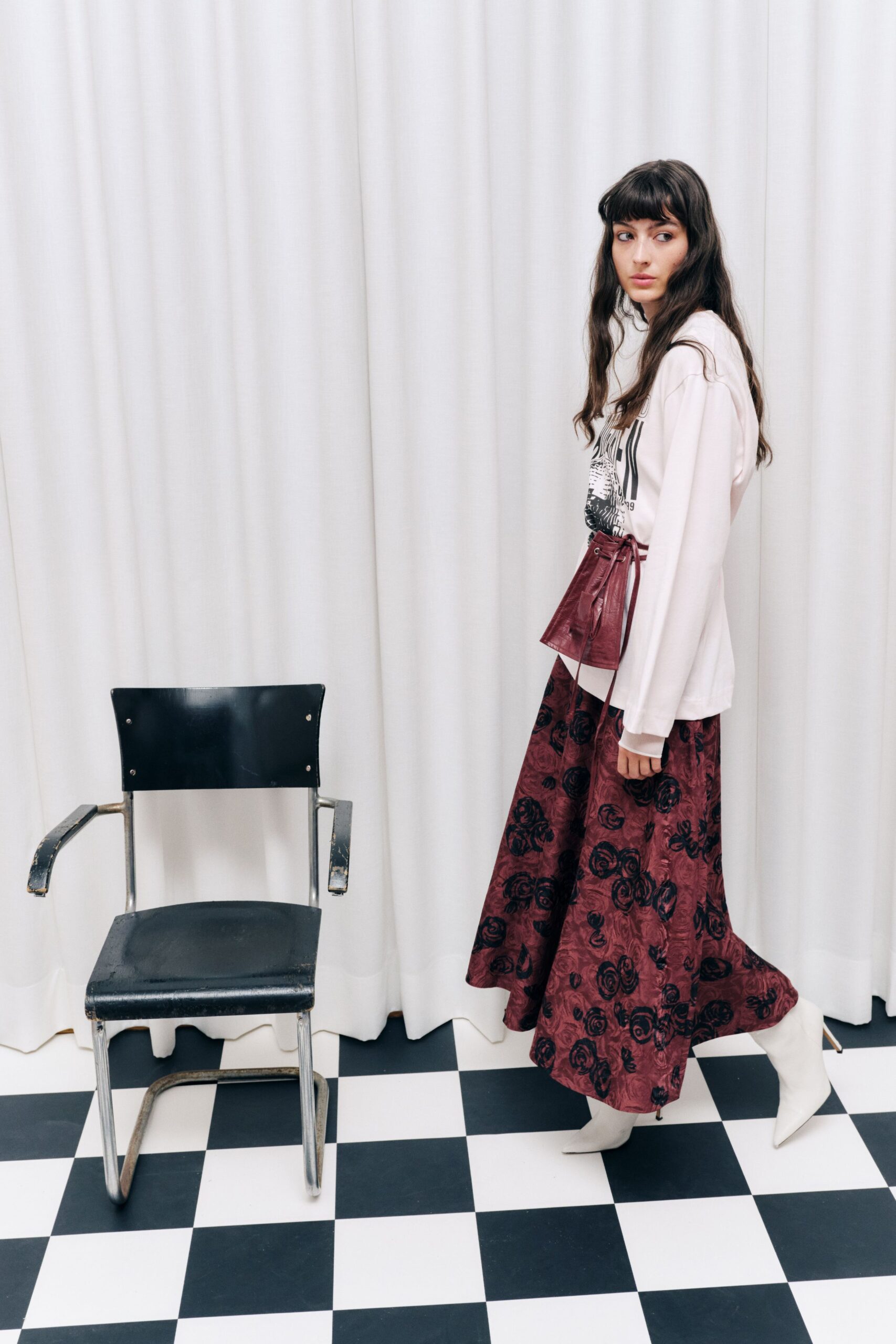 red silk fitted floral flared maxi skirt