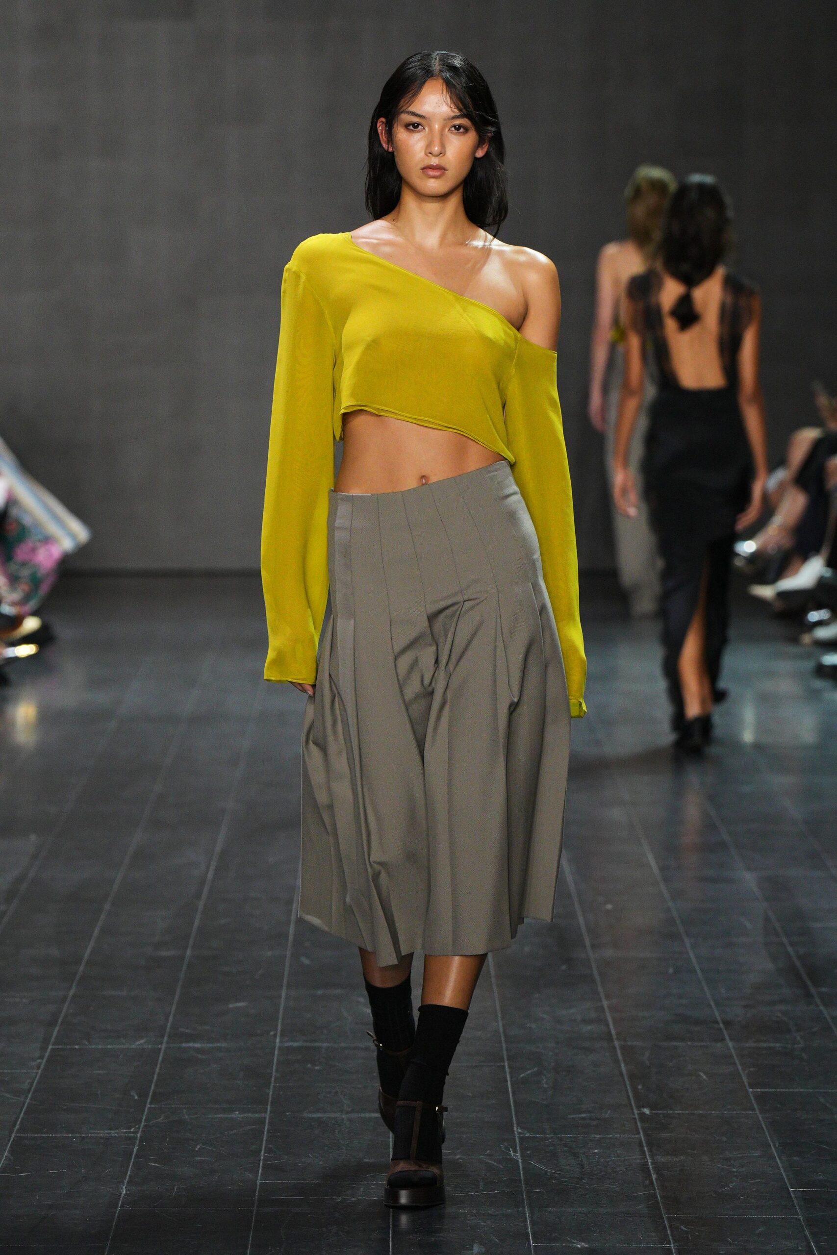 yellow silk long-sleeve off-shoulder fitted draped flowing top