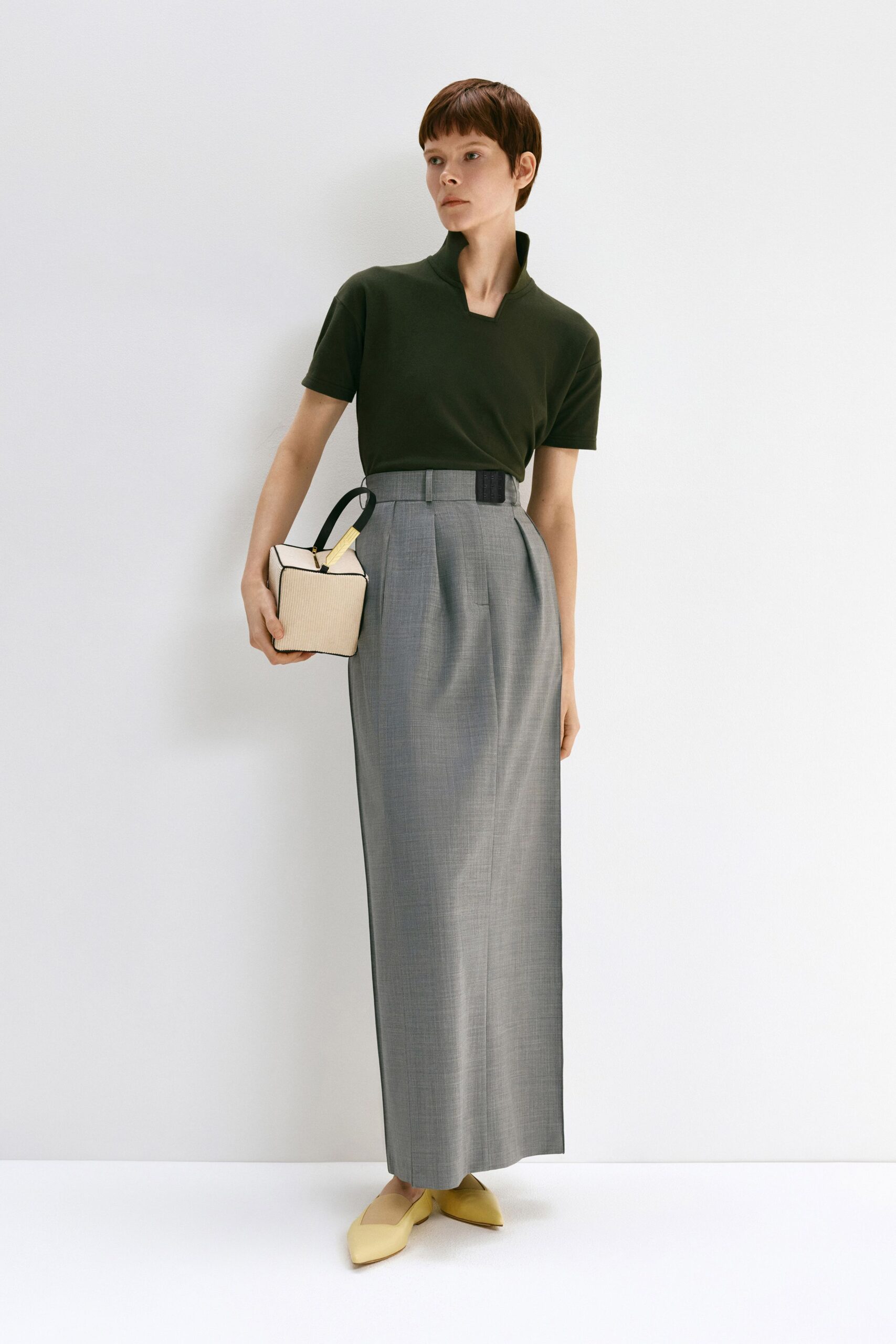 gray wool fitted pleated maxi skirt