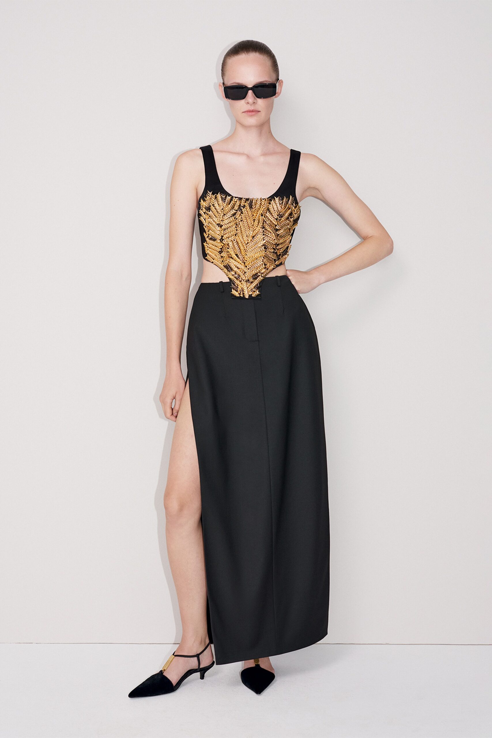 black maxi dress with gold embroidery