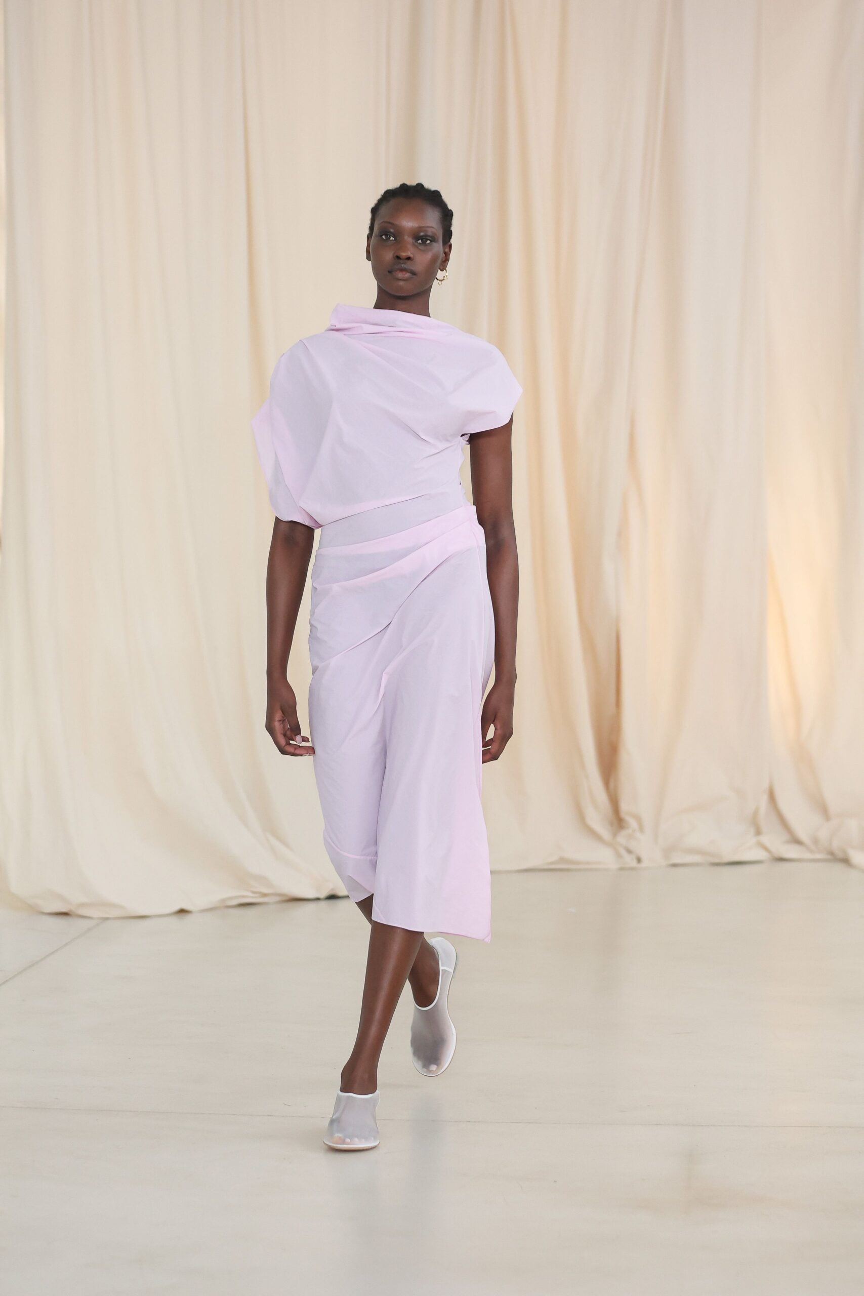 pink chiffon short-sleeve high-neck fitted draped layered dress
