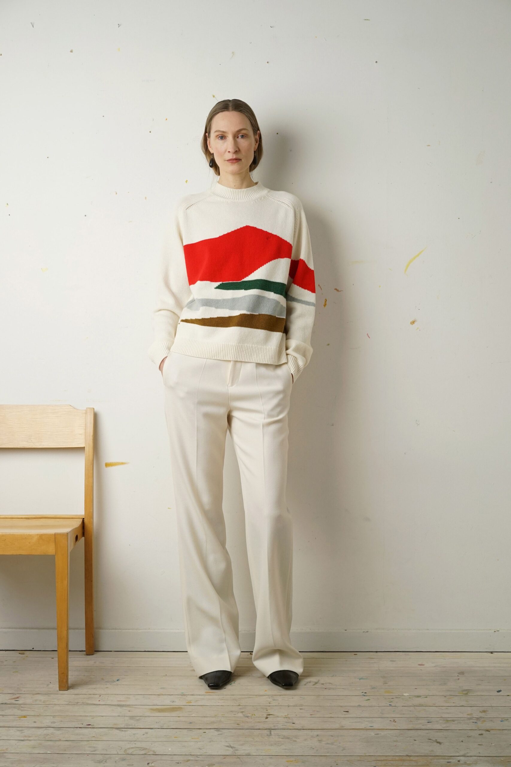 color-blocked sweater with tailored pants