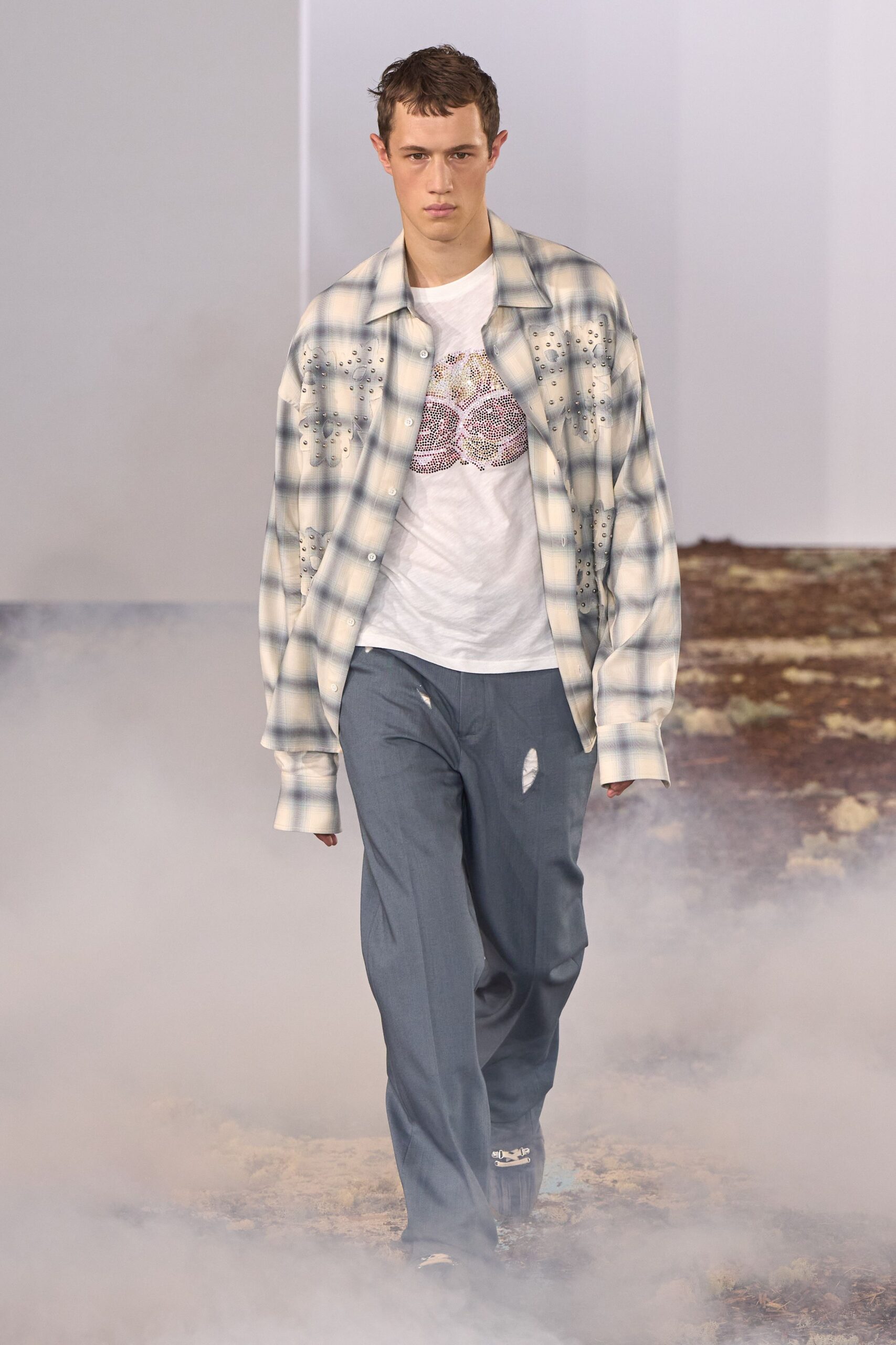 white cotton long-sleeve collared oversized buttoned checked shirt
