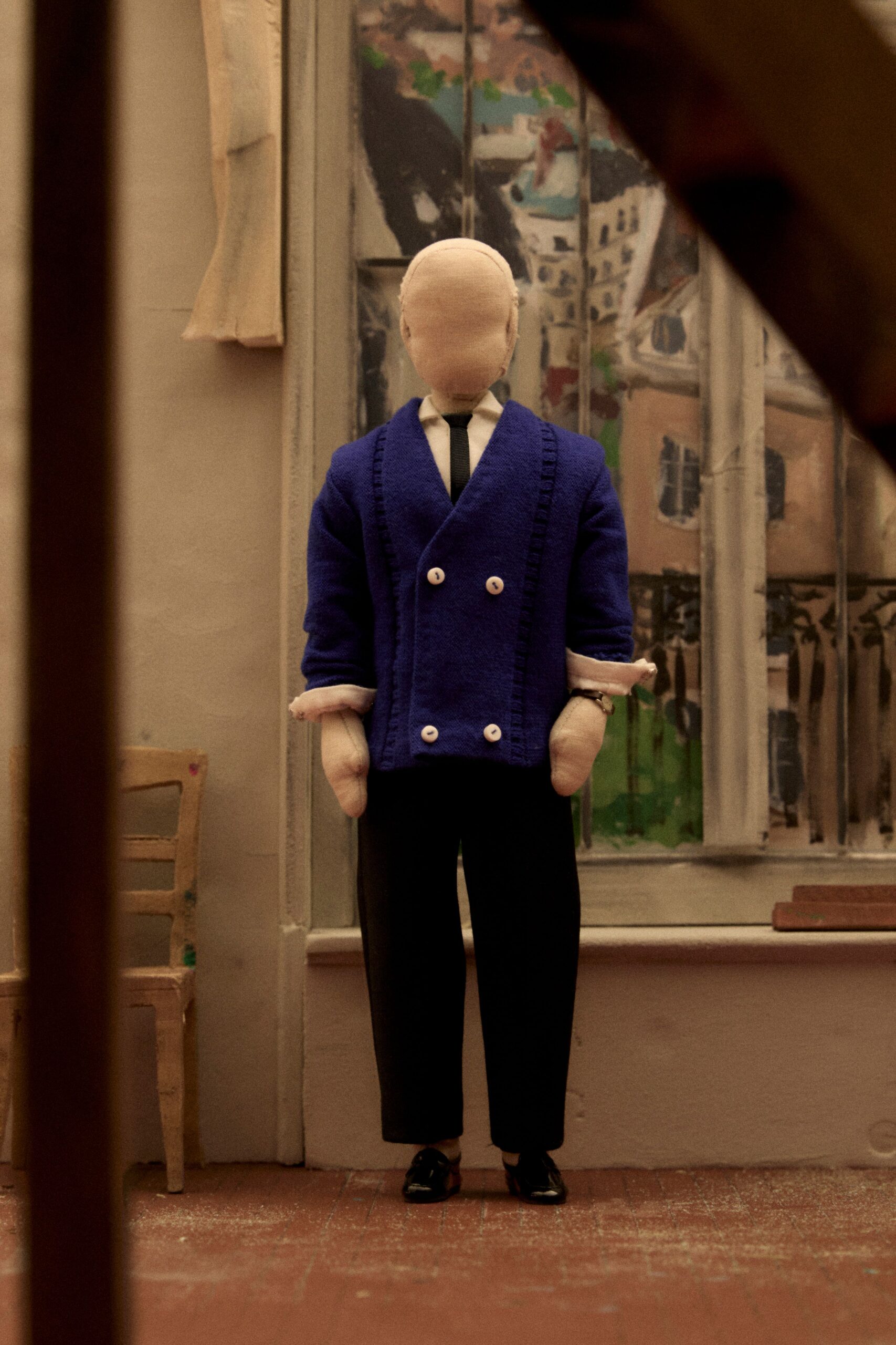 blue blazer black pants