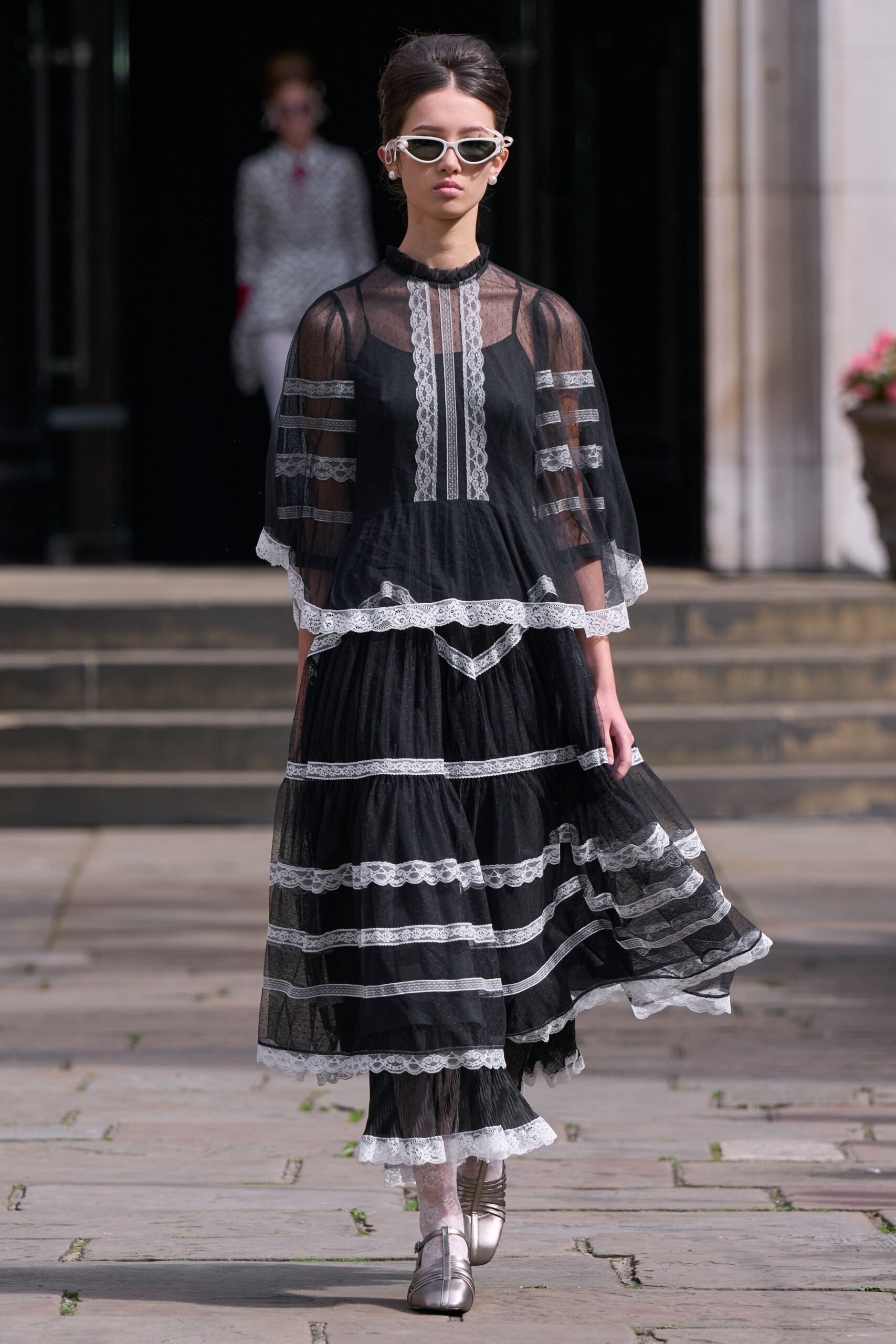 black lace long-sleeve high-neck fitted layered pleated dress