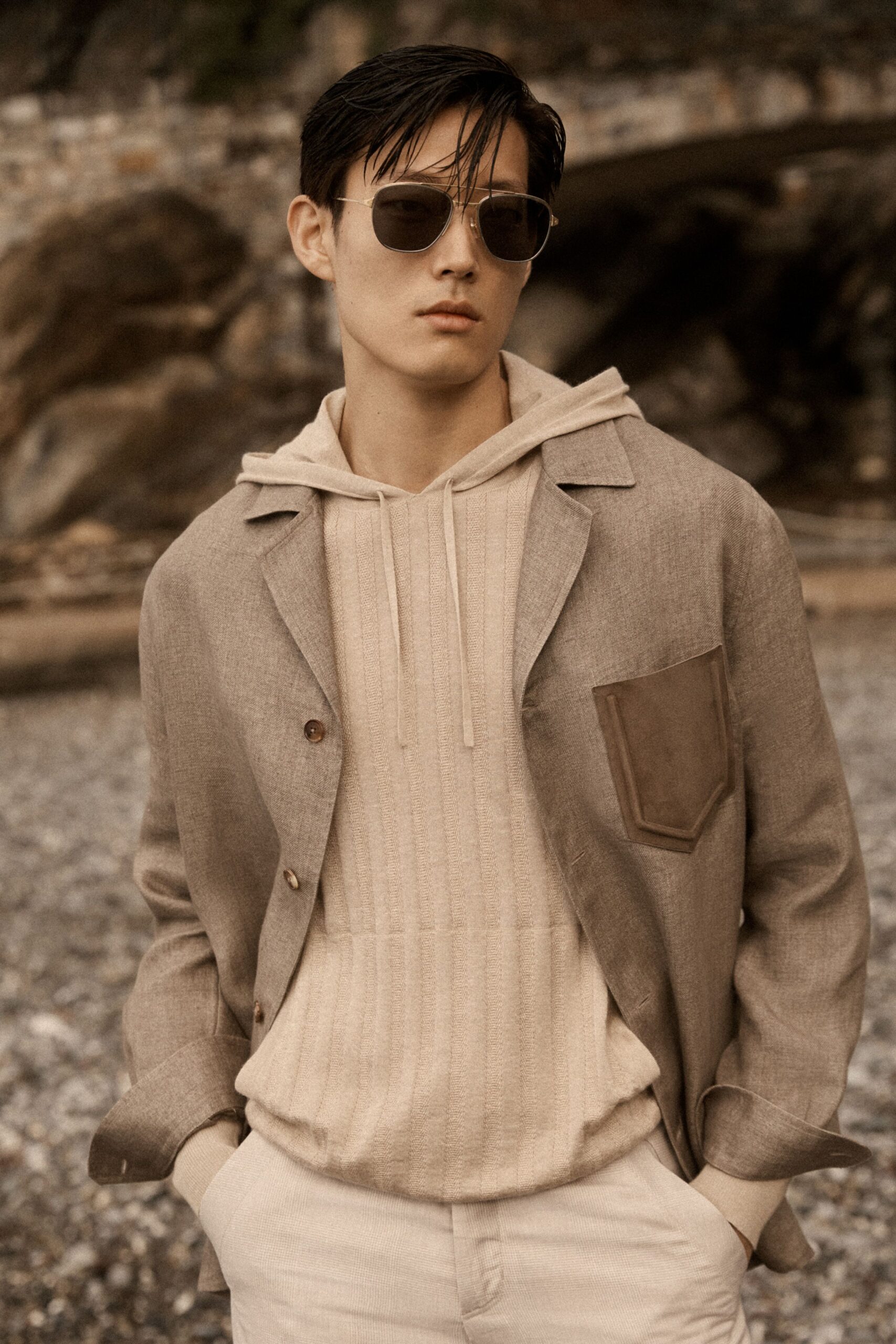 beige jacket cream hoodie white pants