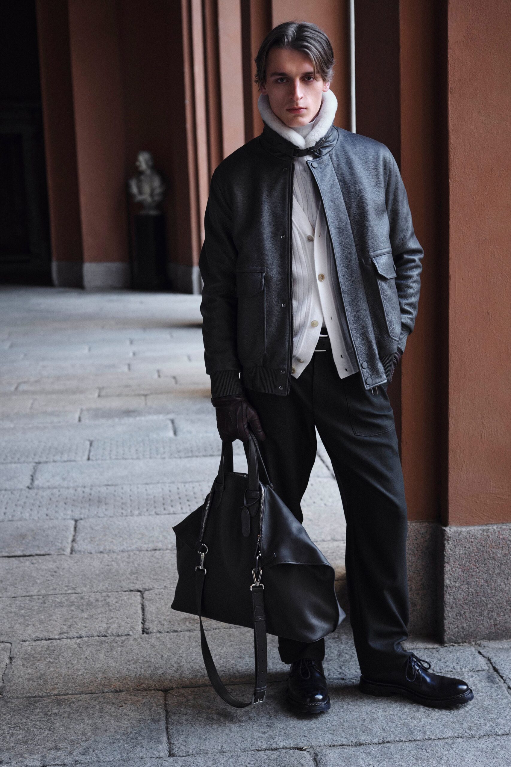 black leather jacket with white shirt