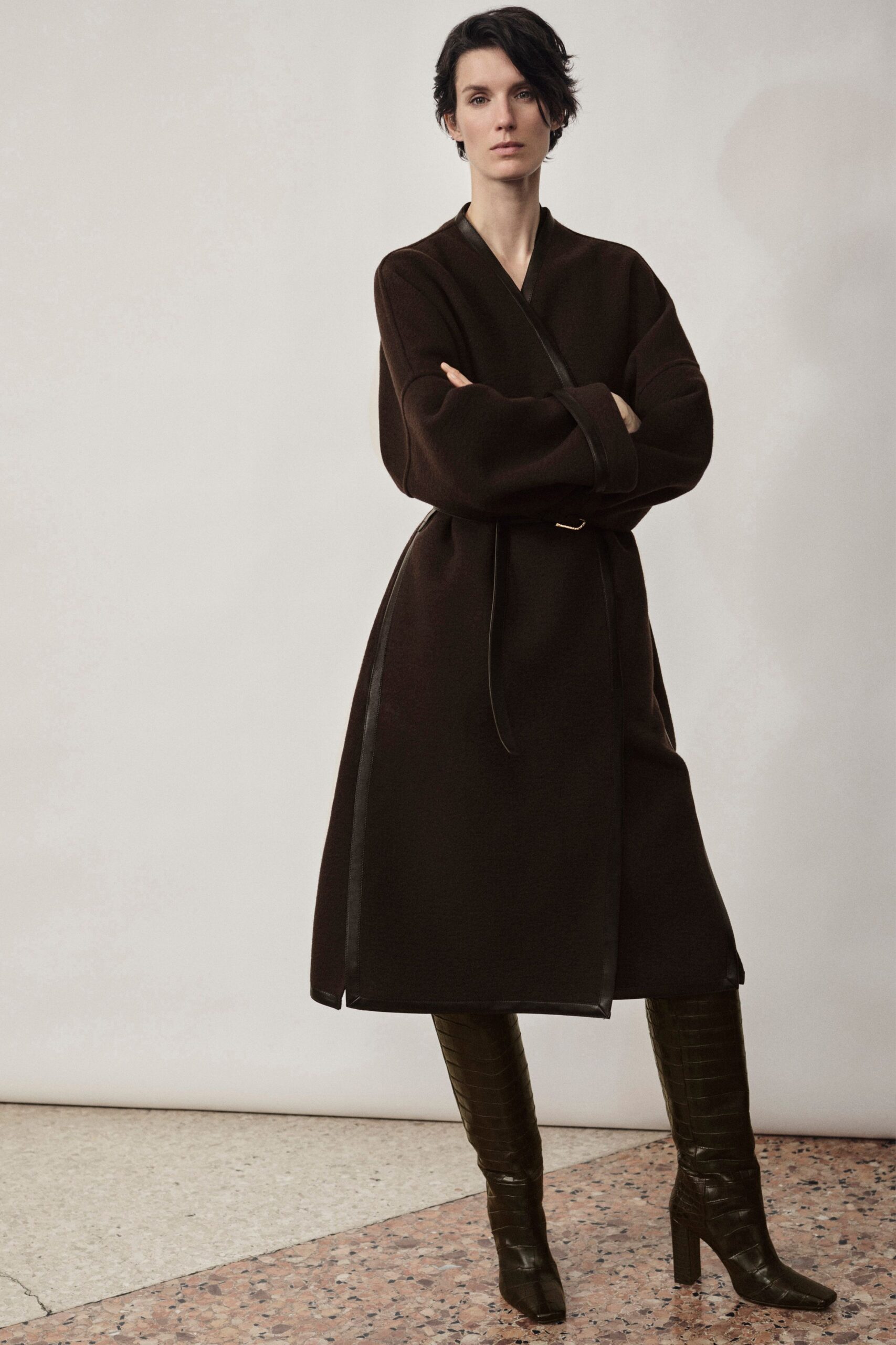 brown wool long-sleeve collared relaxed belted midi coat