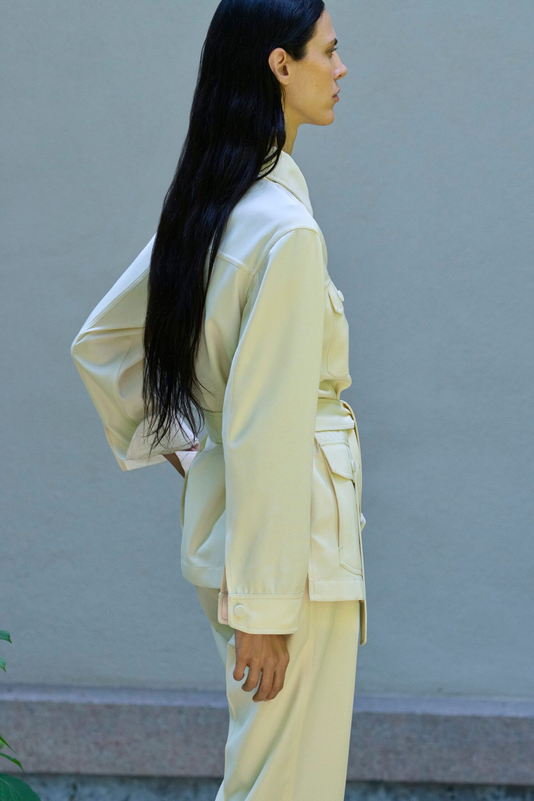 beige silk relaxed jacket and pants