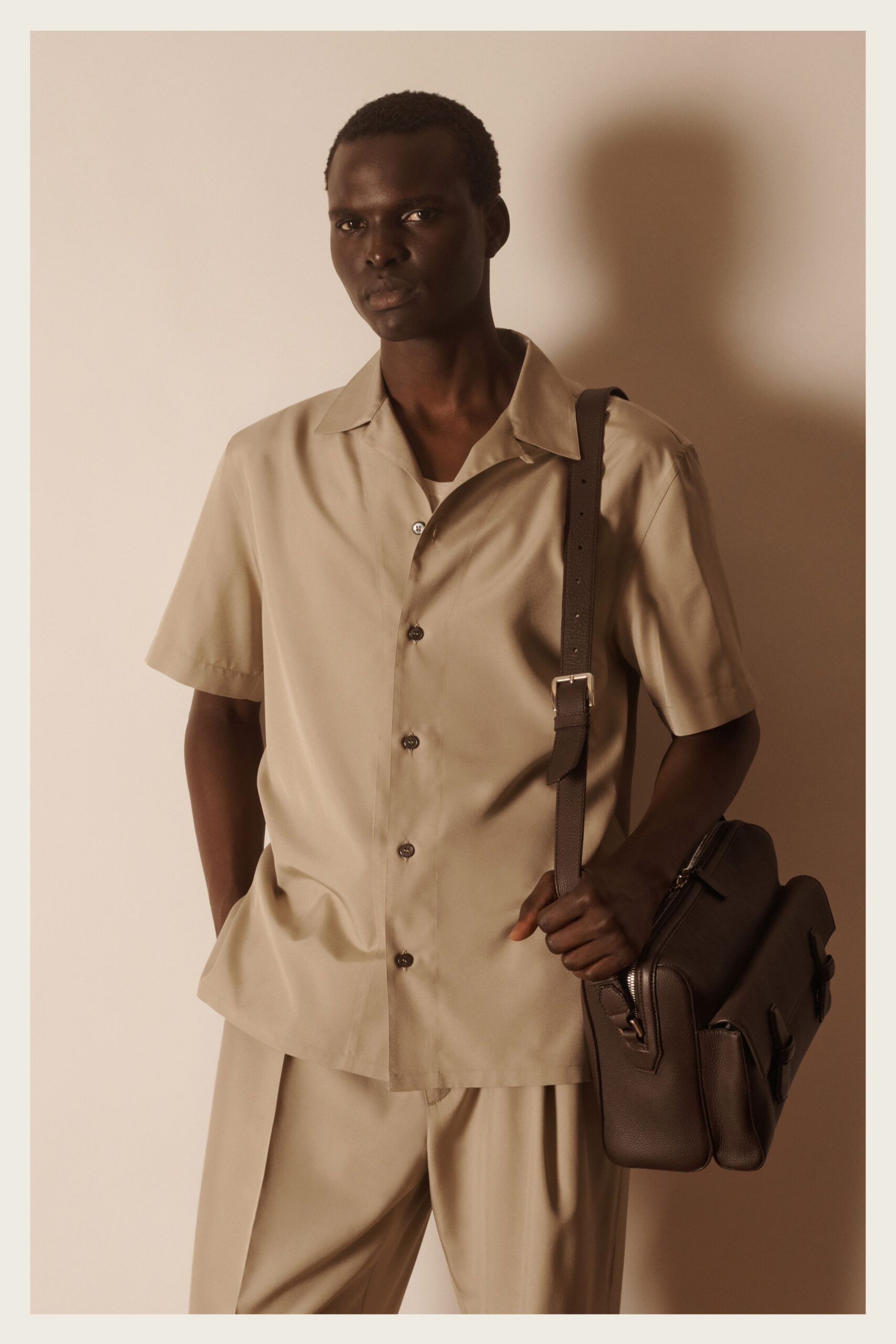 beige silk short-sleeve collared relaxed buttoned shiny shirt