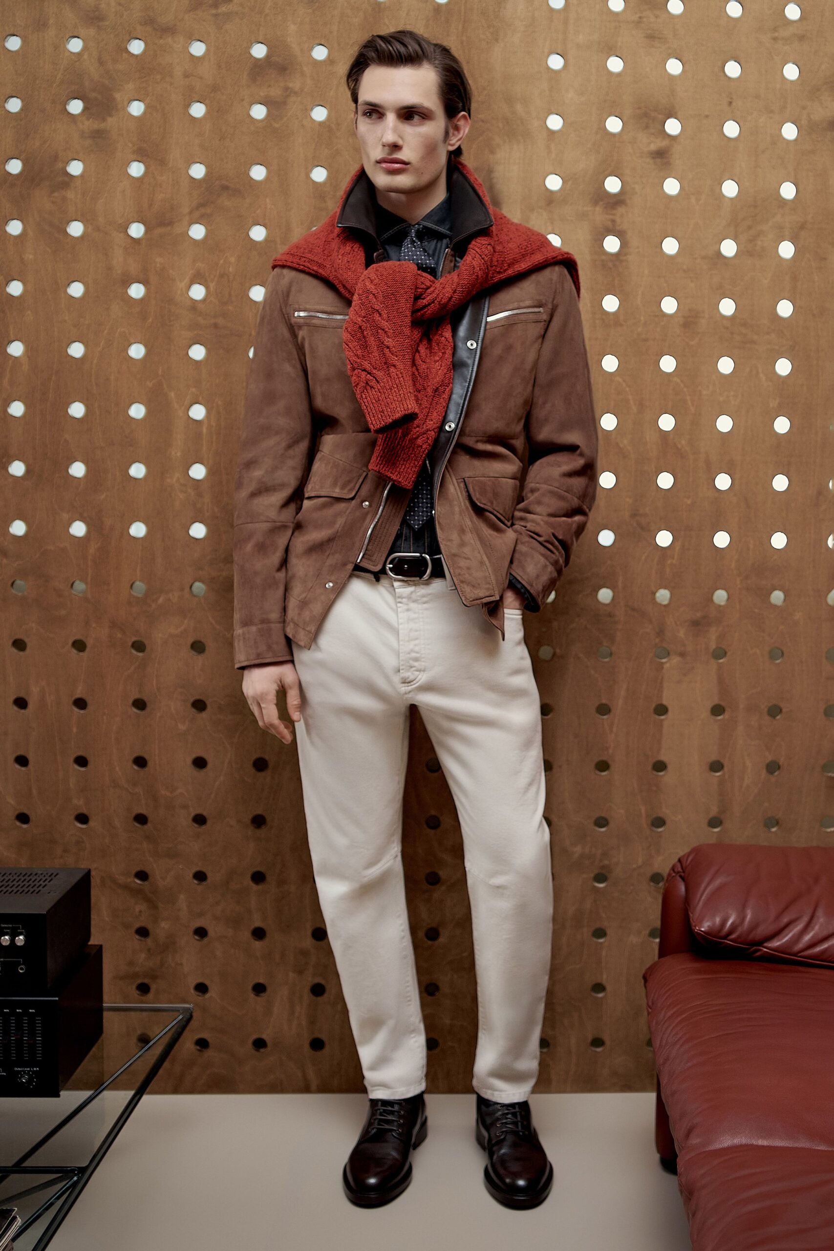 brown suede long-sleeve collared fitted zippered jacket