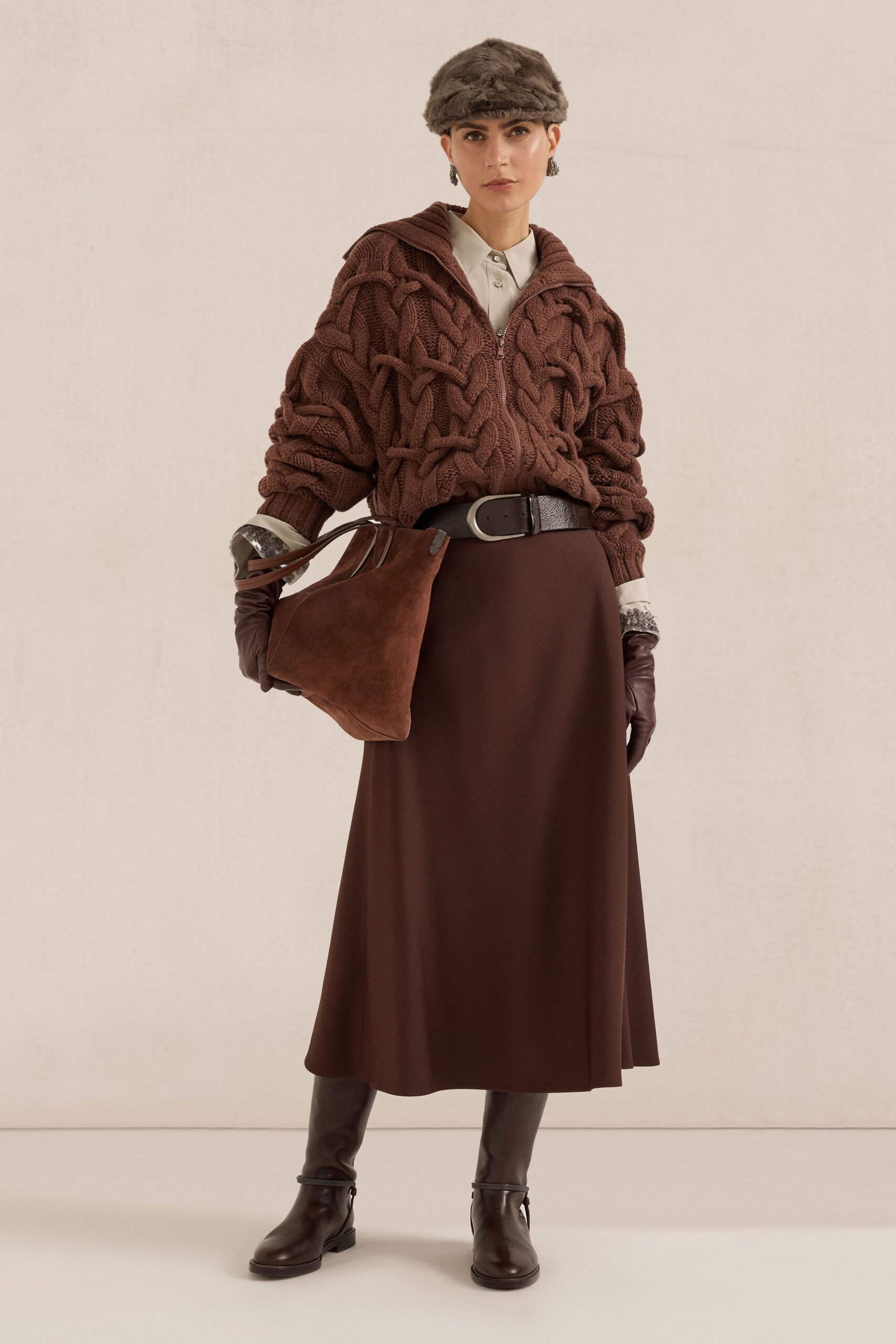 brown cotton fitted a-line midi skirt