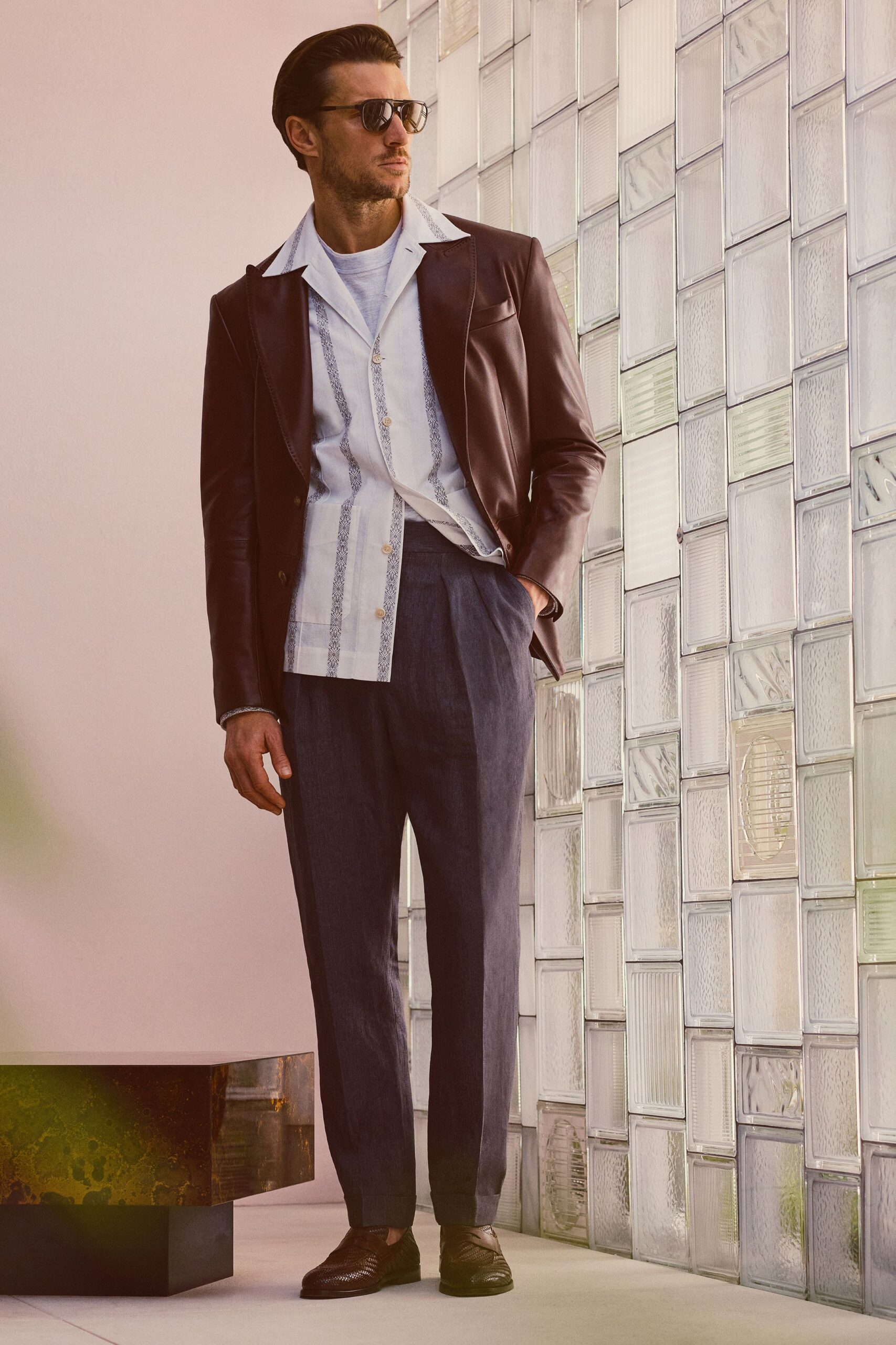 blue linen relaxed pants