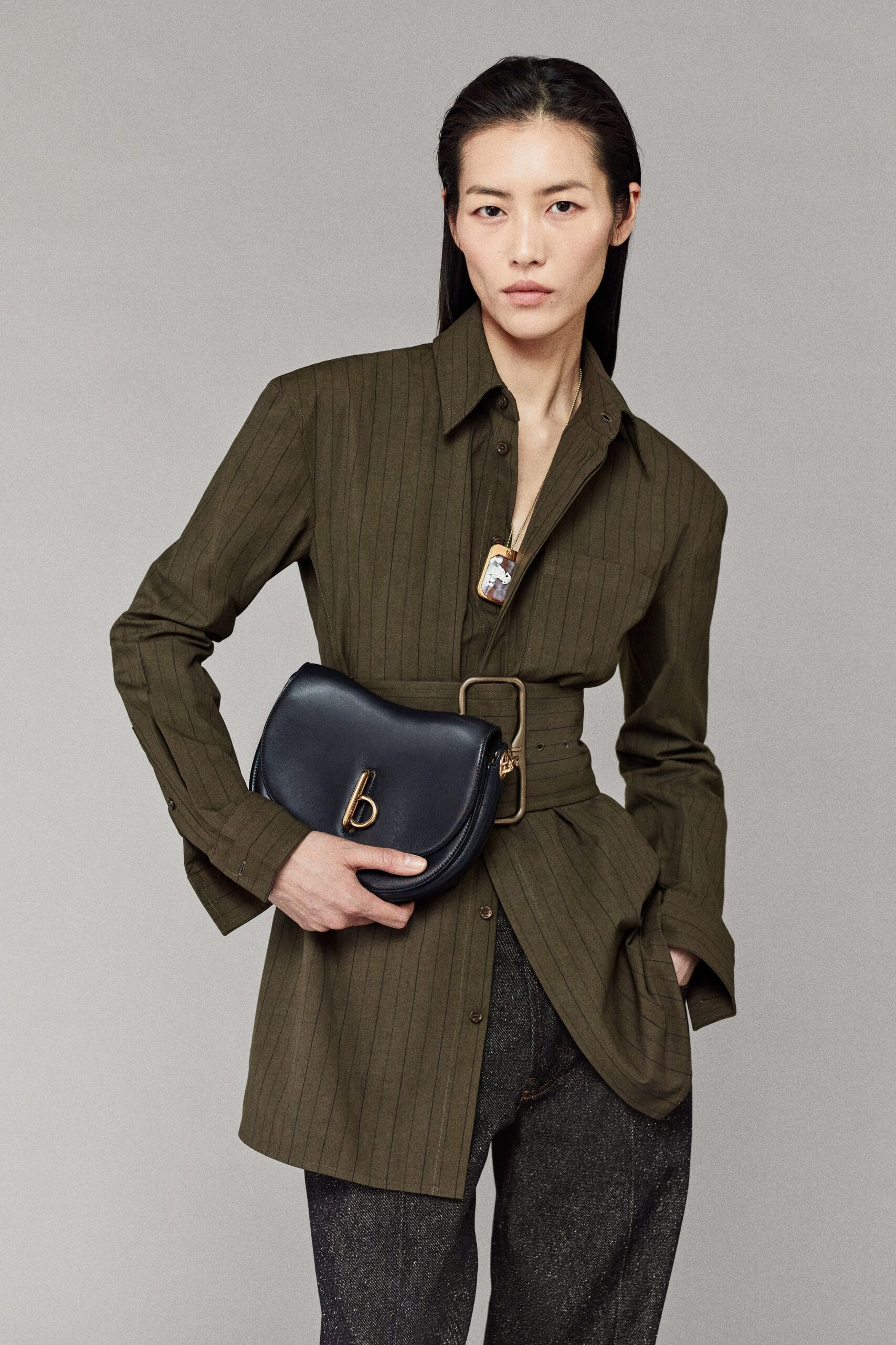 green striped shirt-dress with bag