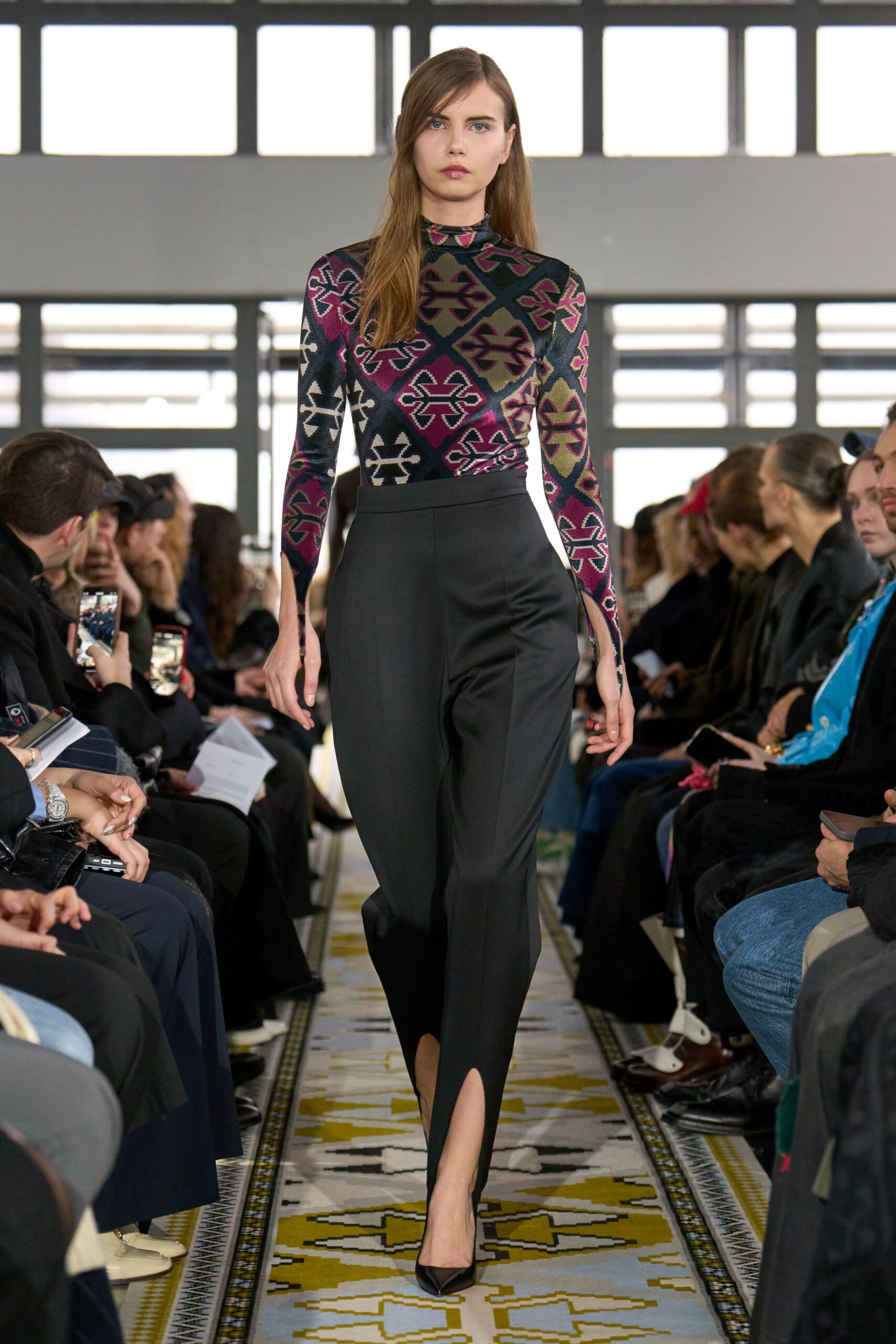 black cotton slit fitted high-waisted straight-leg pants