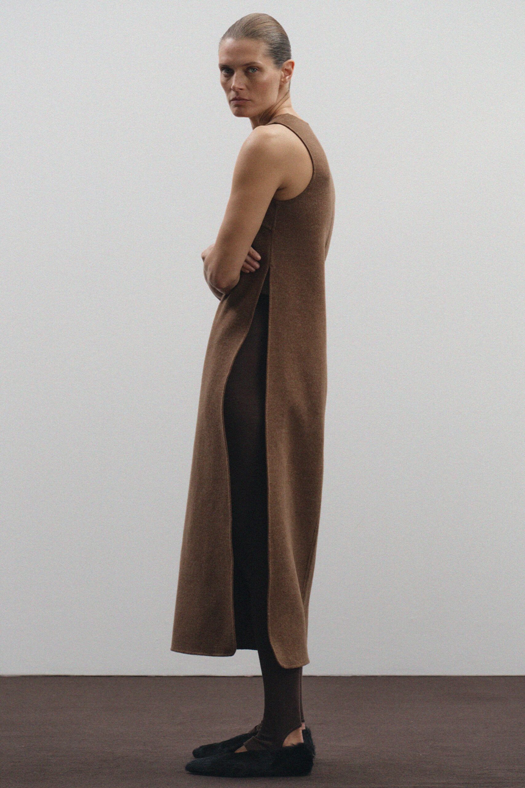 brown wool sleeveless maxi dress
