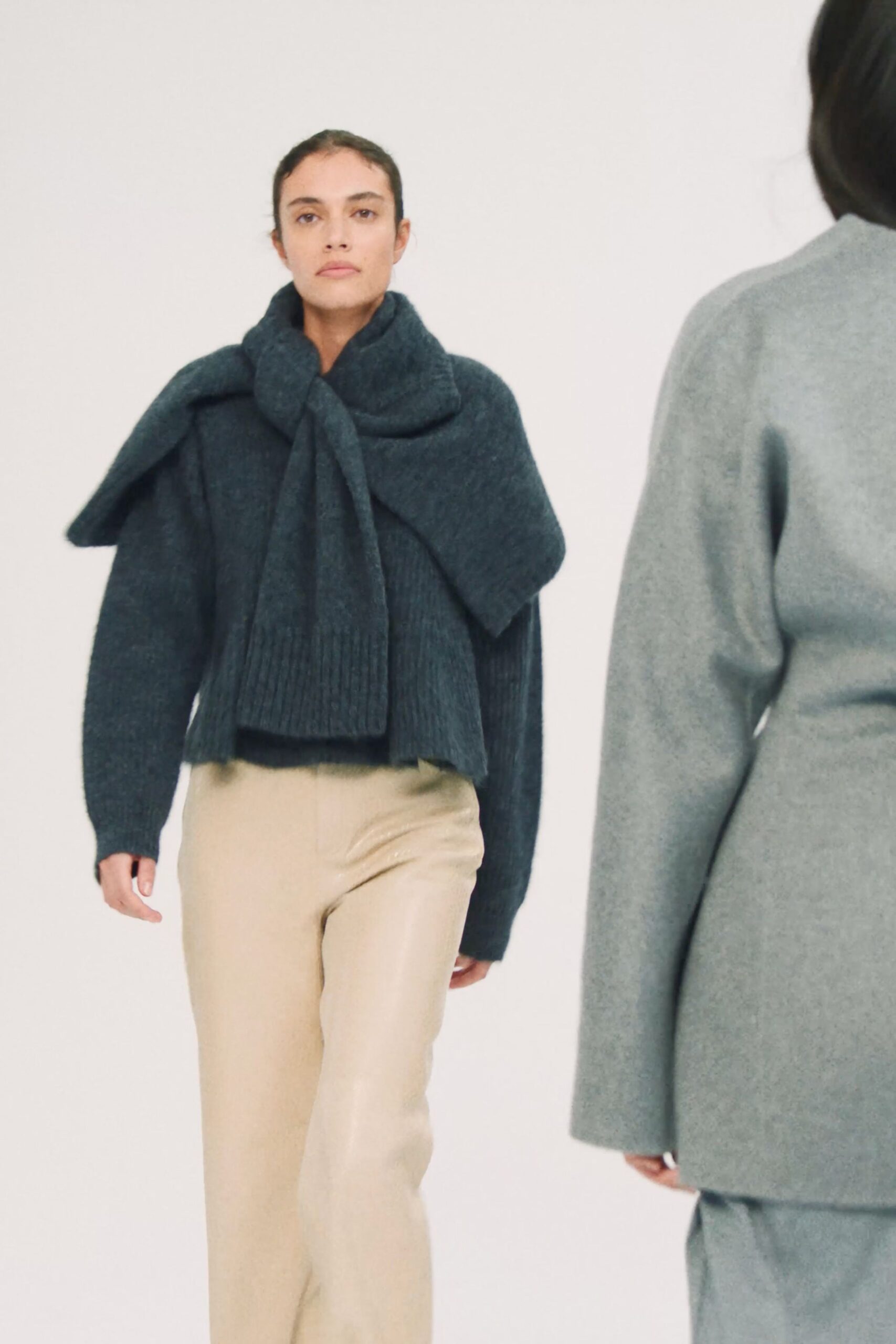 gray wool long-sleeve collared relaxed layered sweater