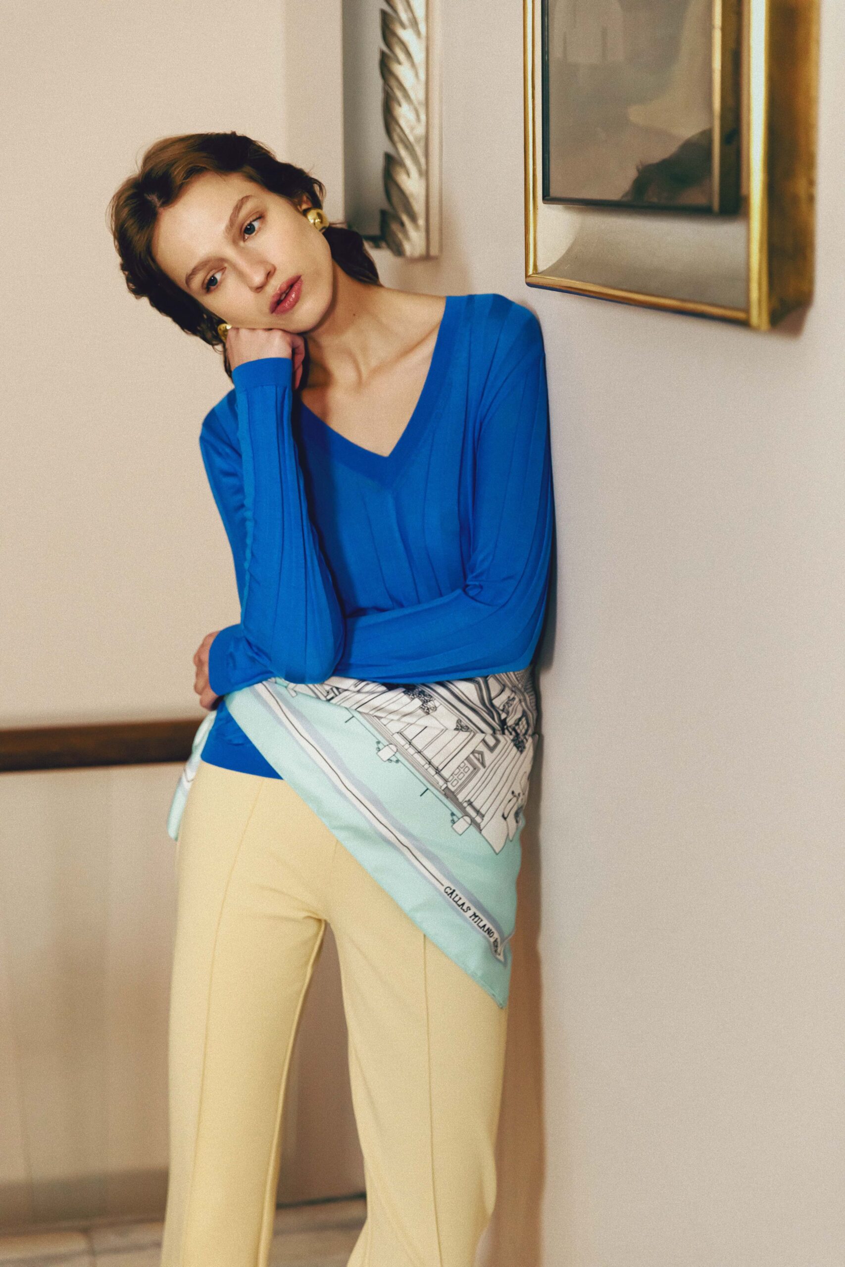 blue cotton long-sleeve v-neck fitted ribbed top