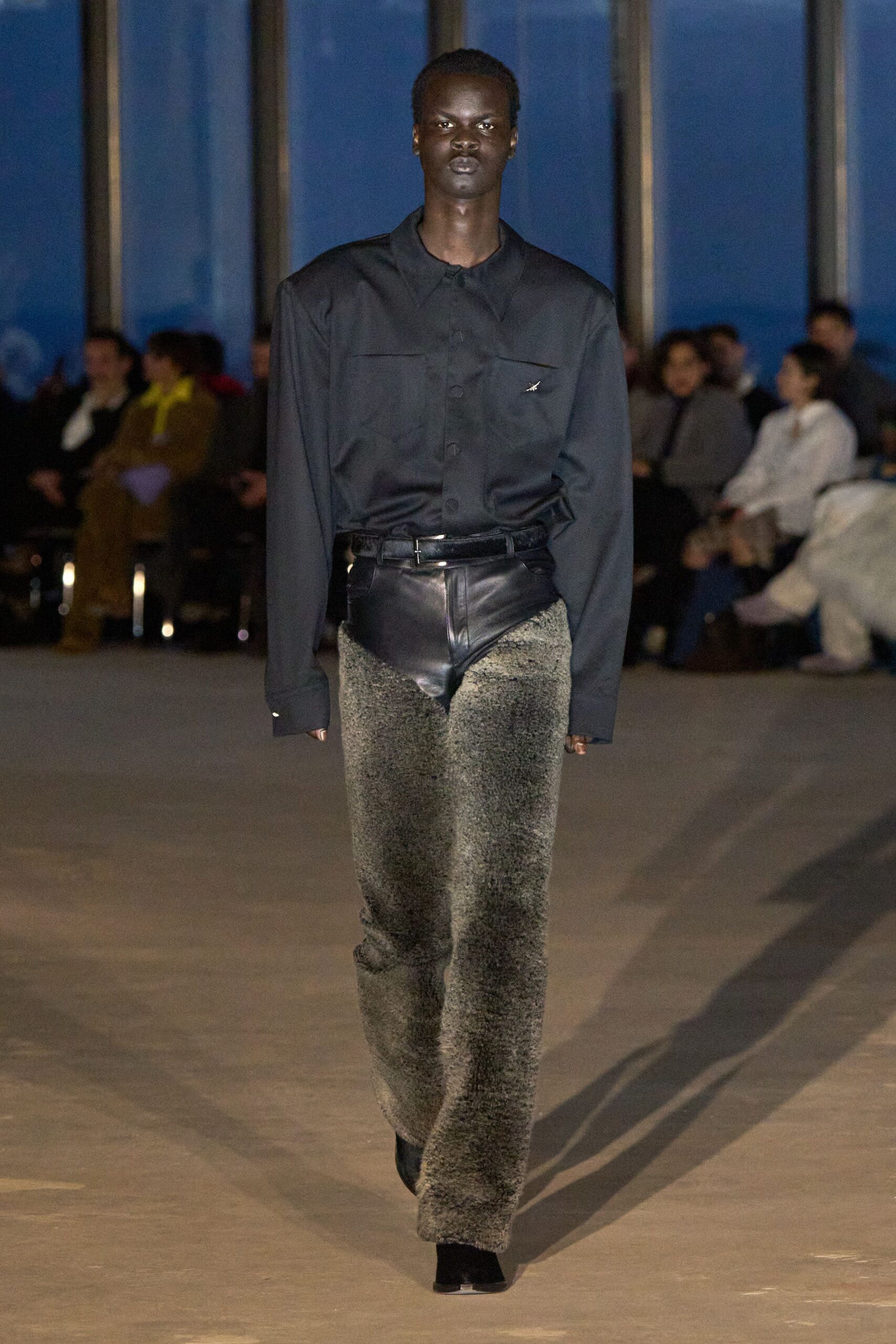 gray faux-fur fitted pants