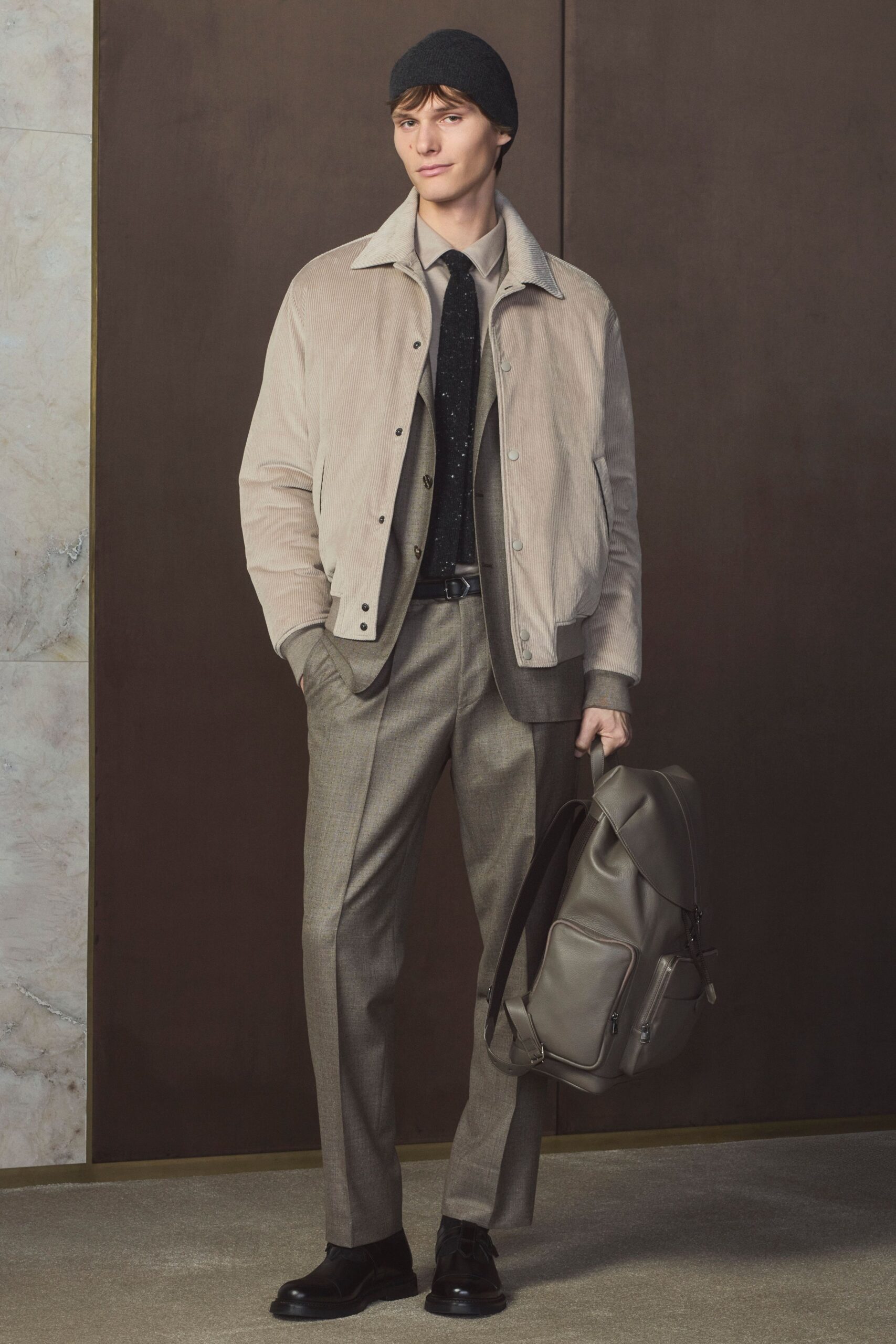 beige suede long-sleeve collared relaxed buttoned jacket