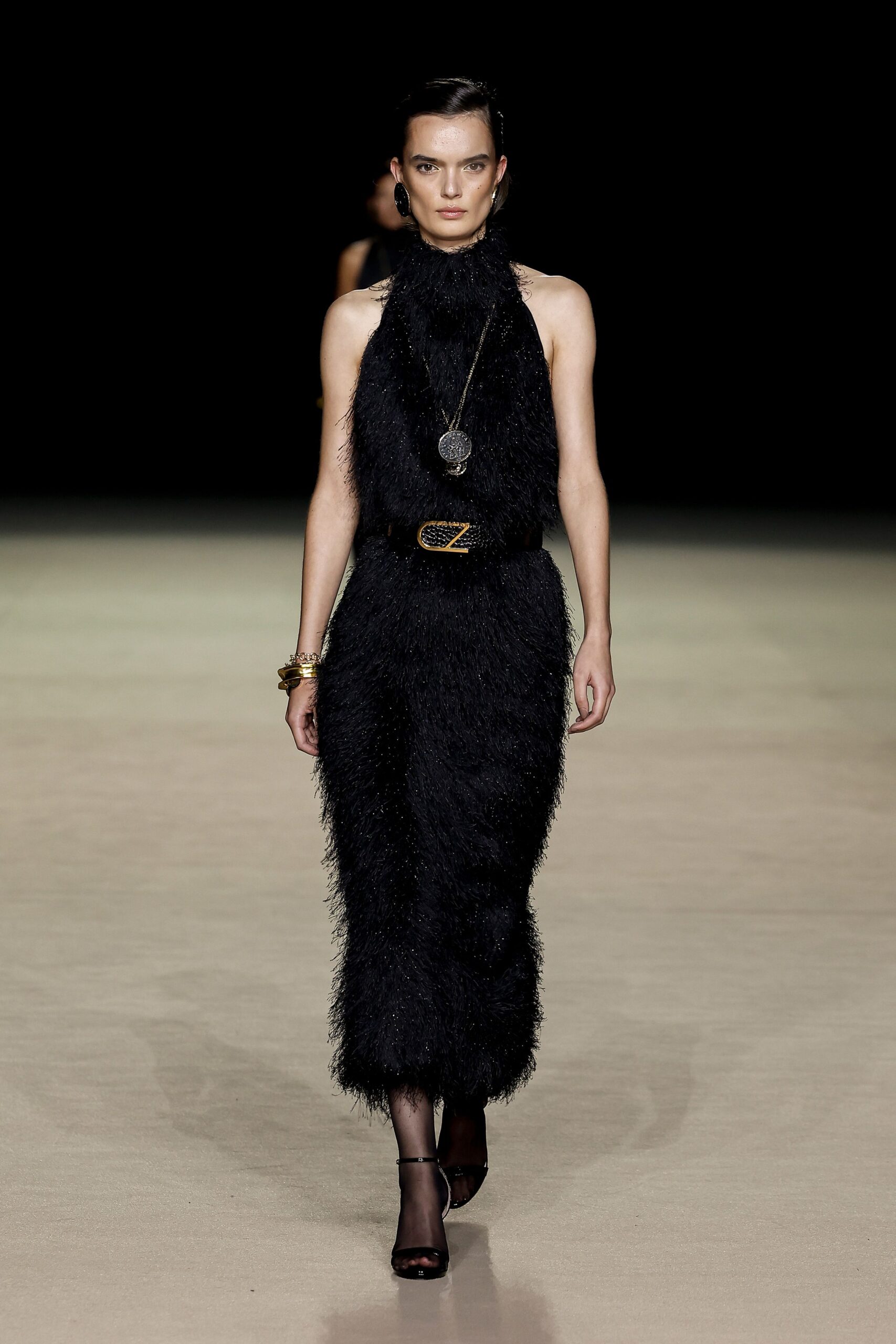 black fur midi dress with belt
