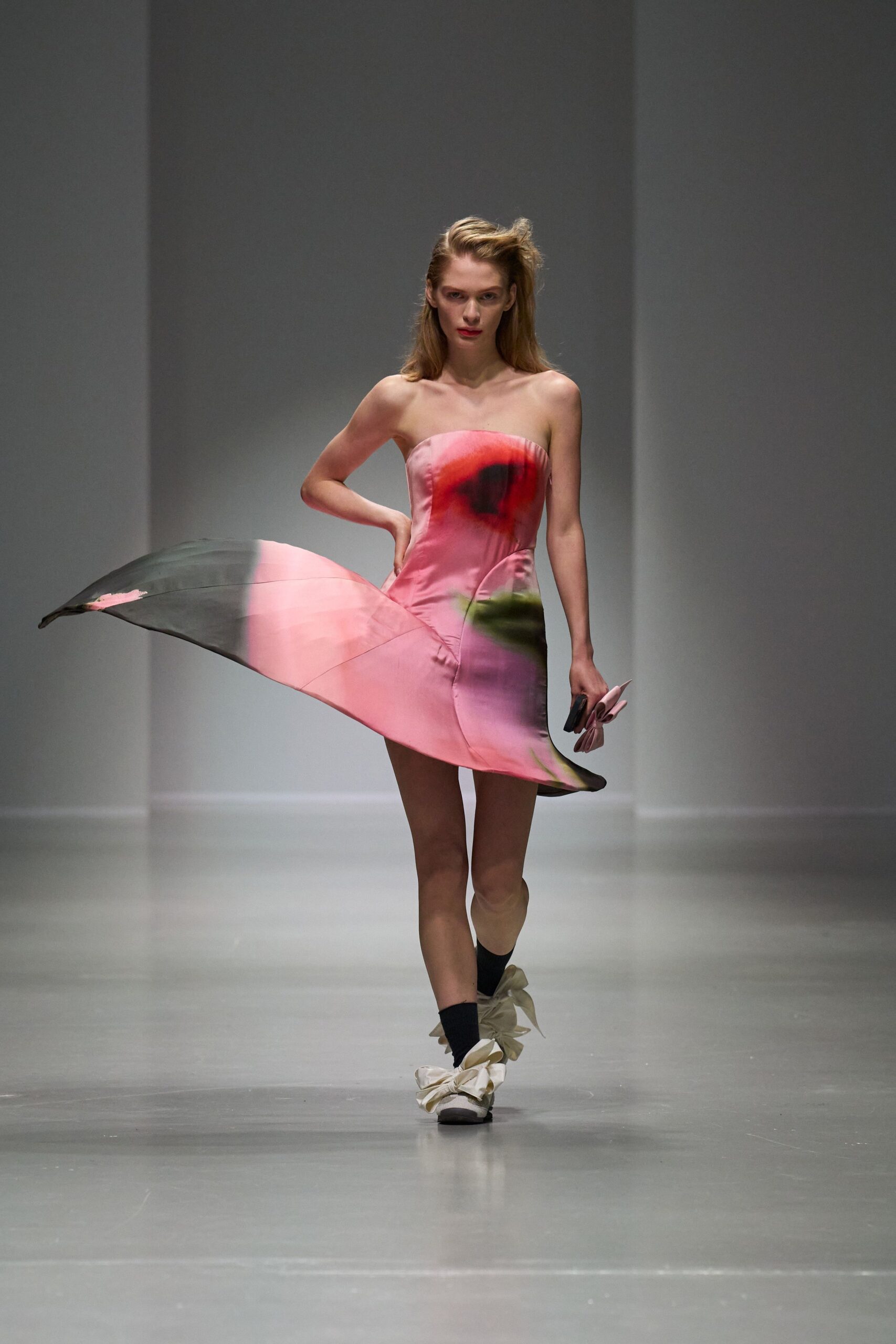 pink silk strapless fitted flared flowing mini dress