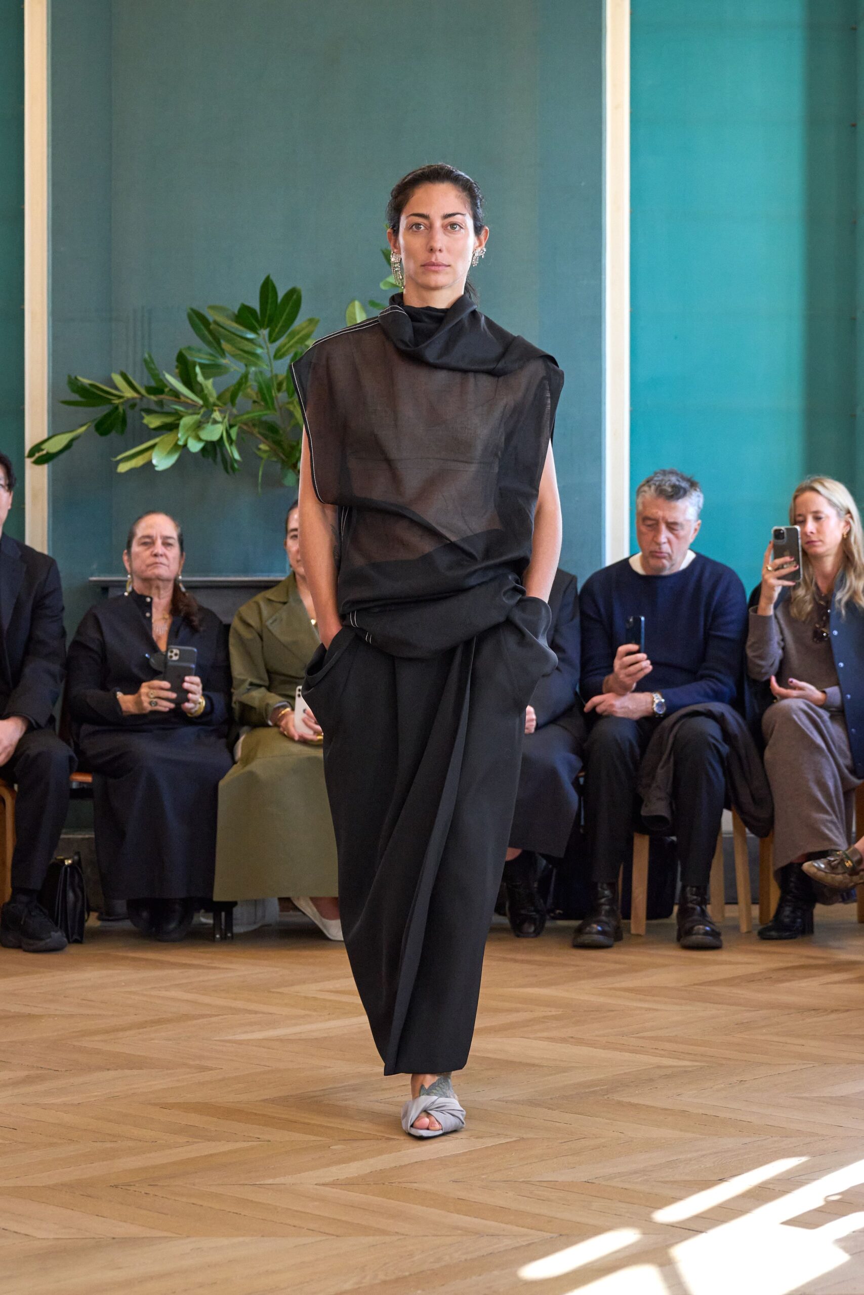 black silk sleeveless high-neck relaxed draped sheer top