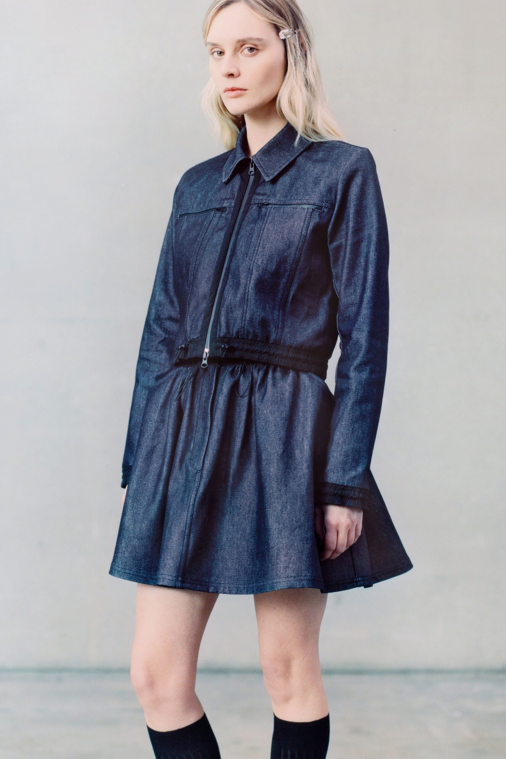 blue denim long-sleeve dress