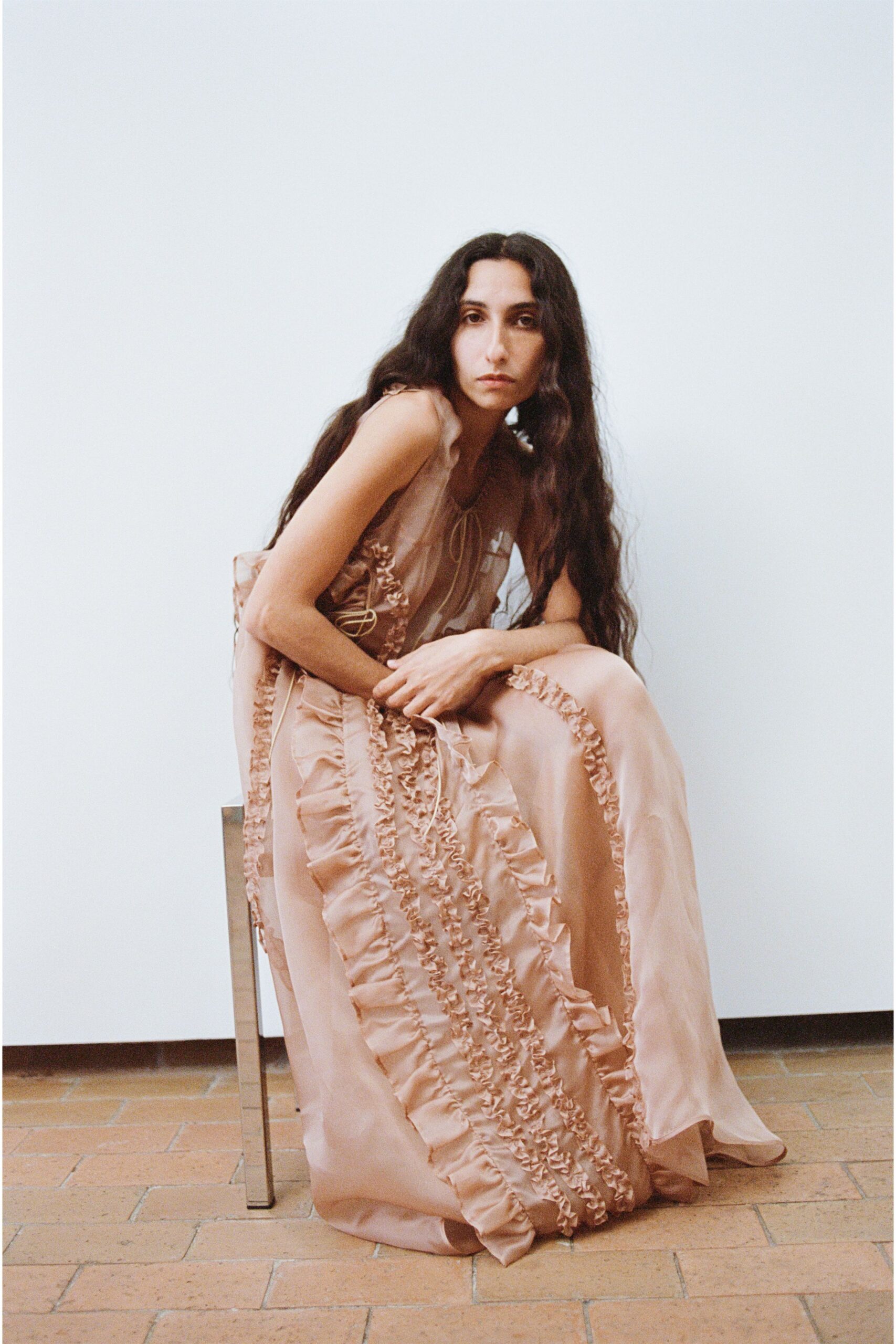 beige chiffon sleeveless gown