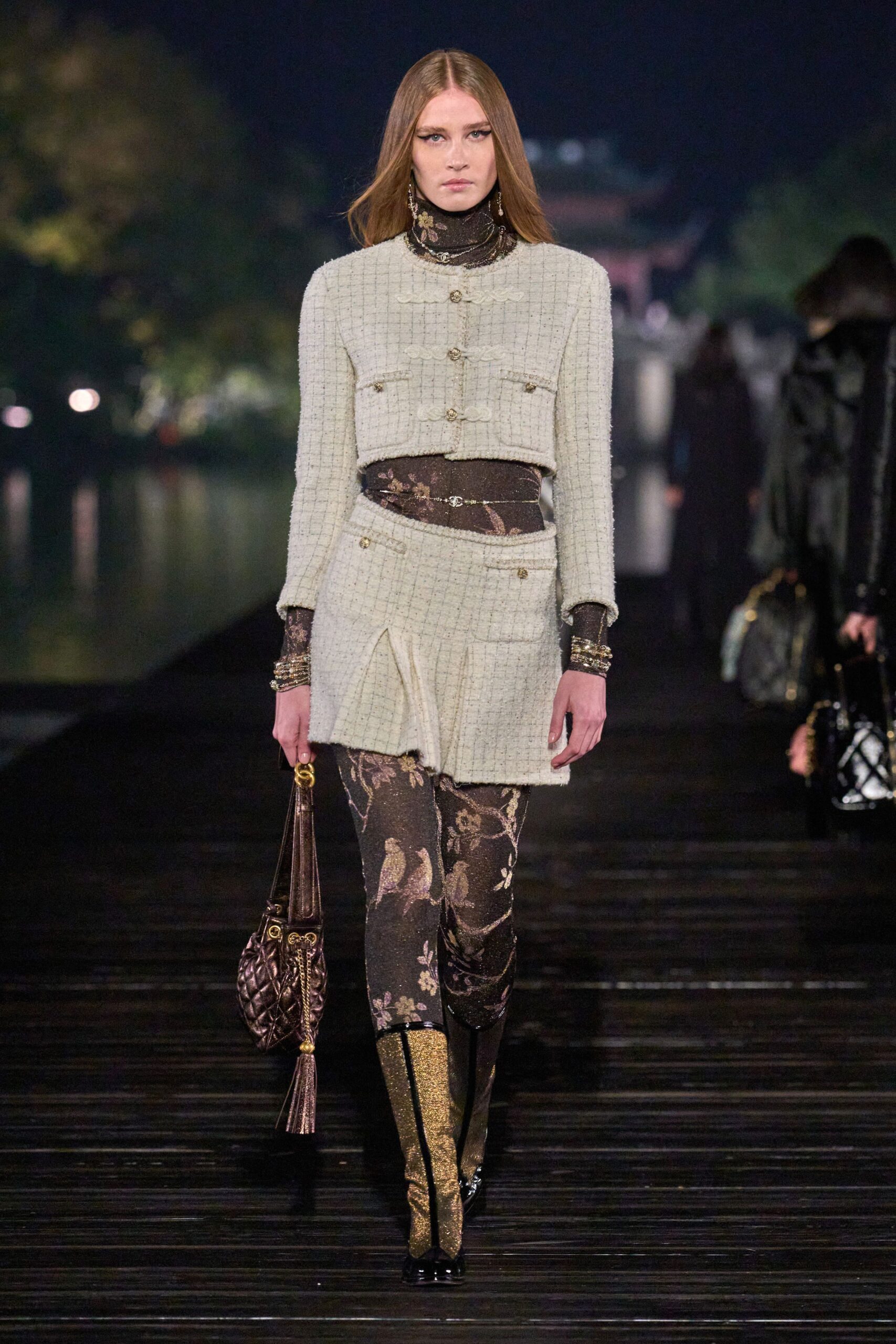 beige tweed blazer and skirt