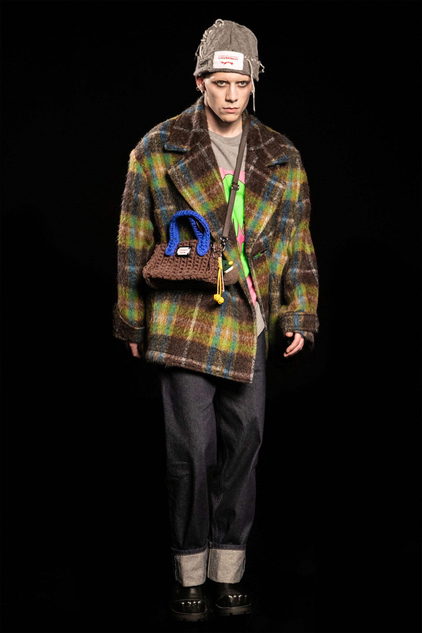 multi wool long-sleeve collared oversized checked jacket