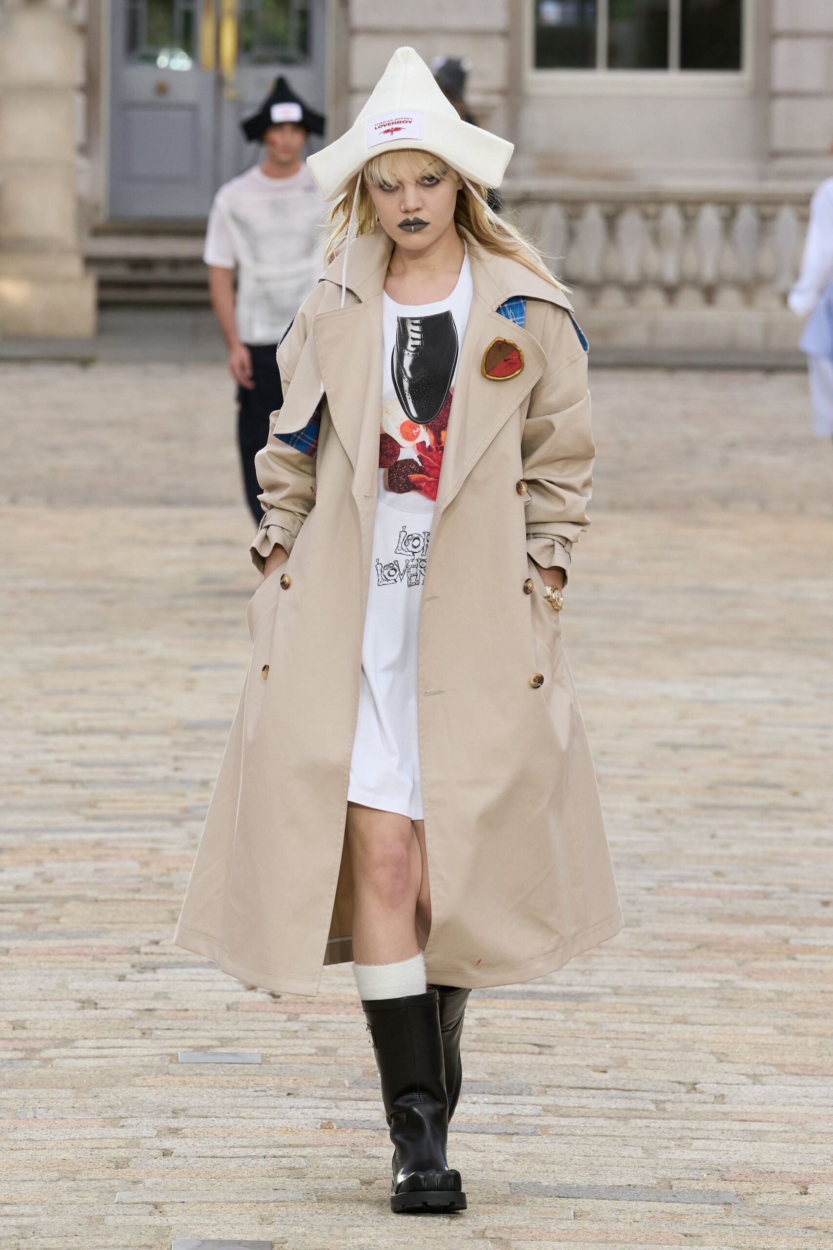 beige trench coat with white dress