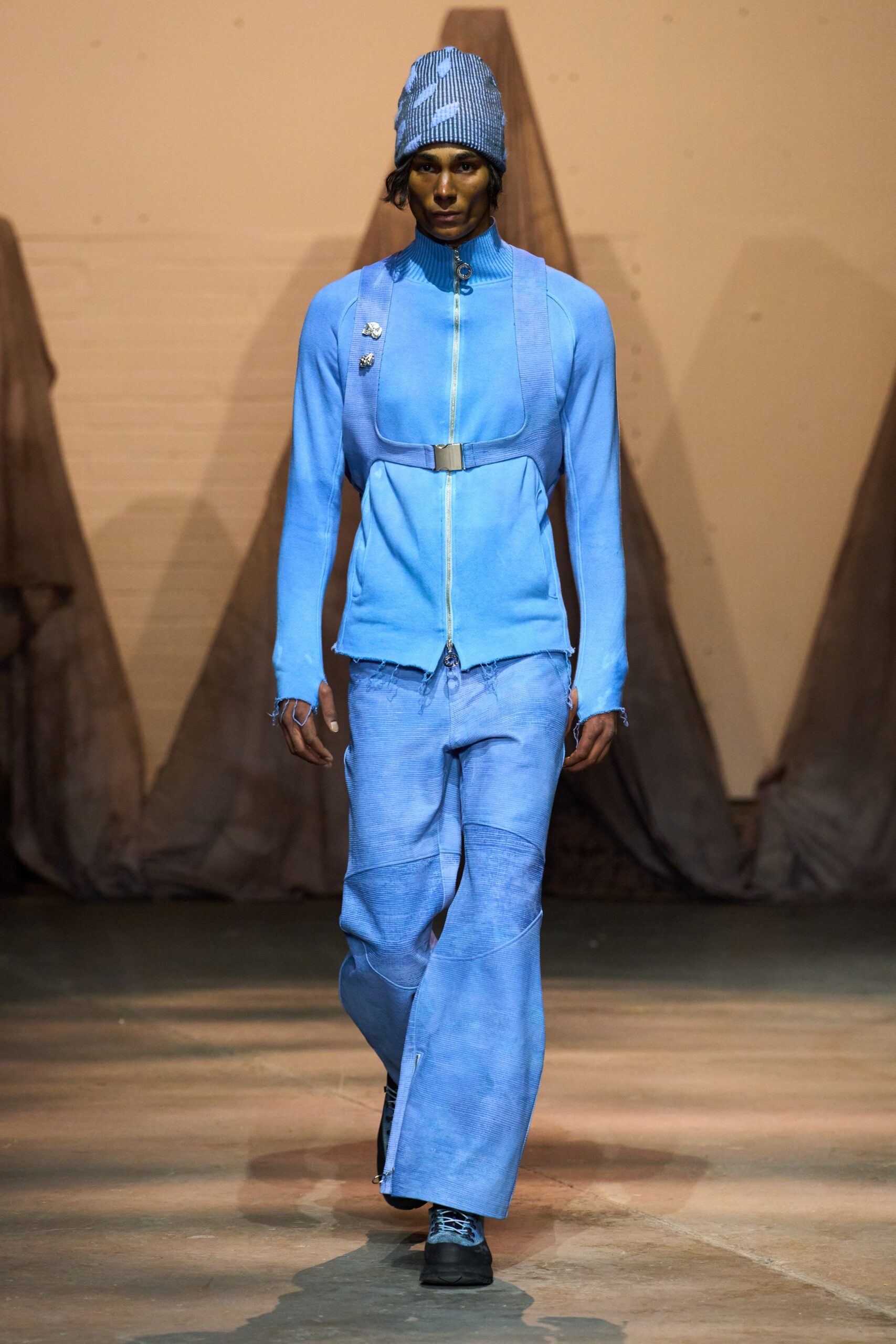 blue cotton long-sleeve high-neck fitted zippered layered jacket