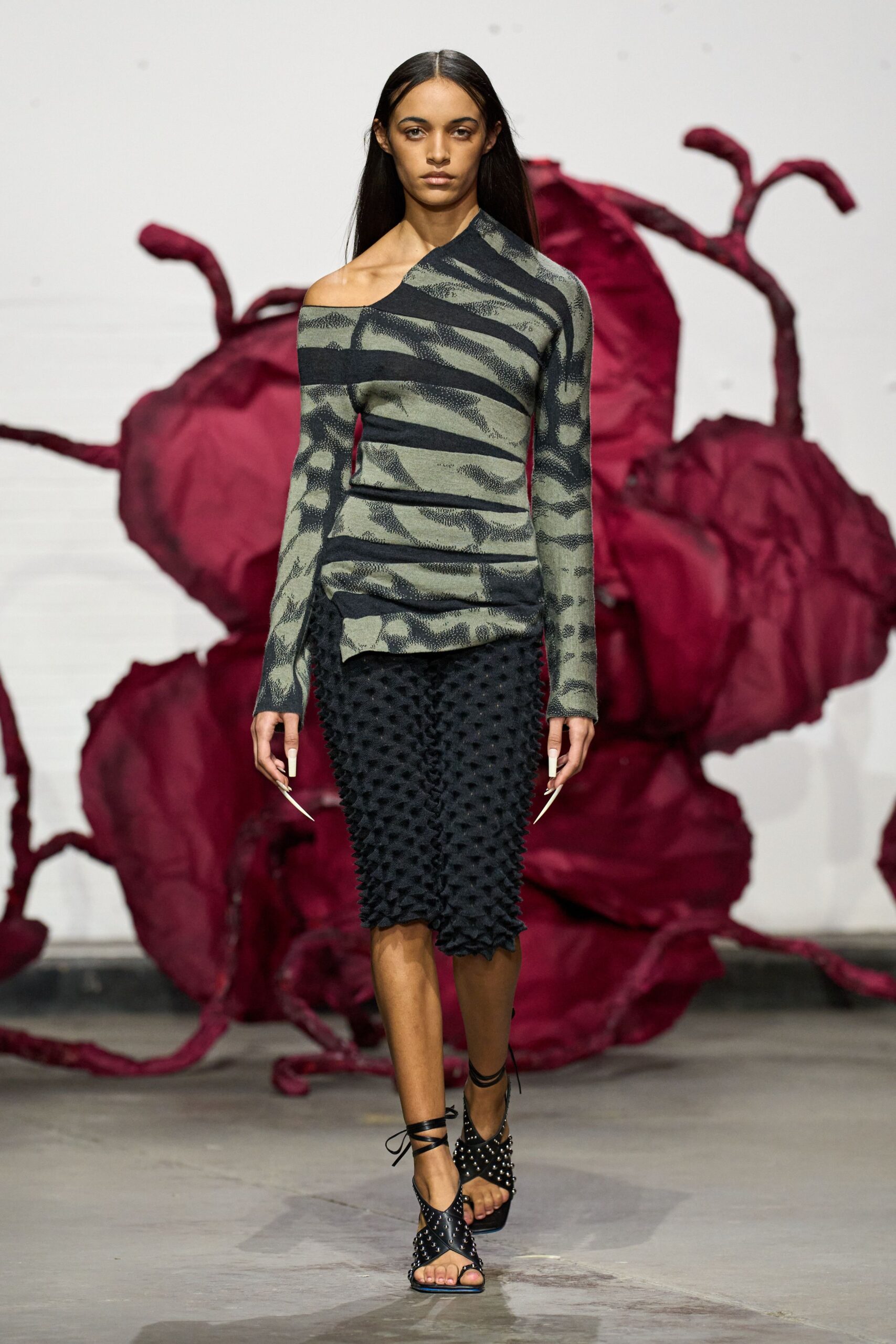 green cotton long-sleeve asymmetric fitted striped top