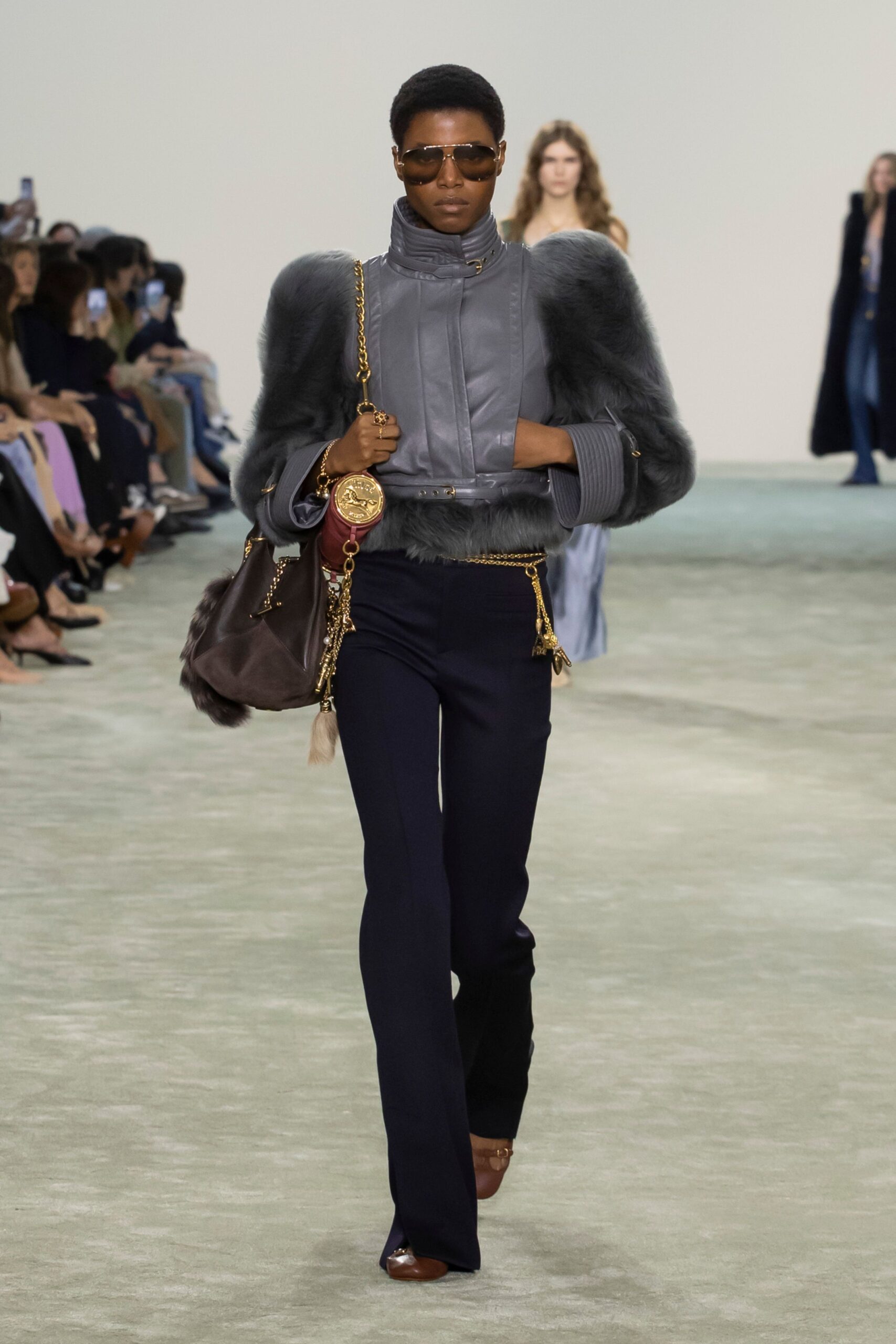 gray leather long-sleeve collared fitted zippered jacket