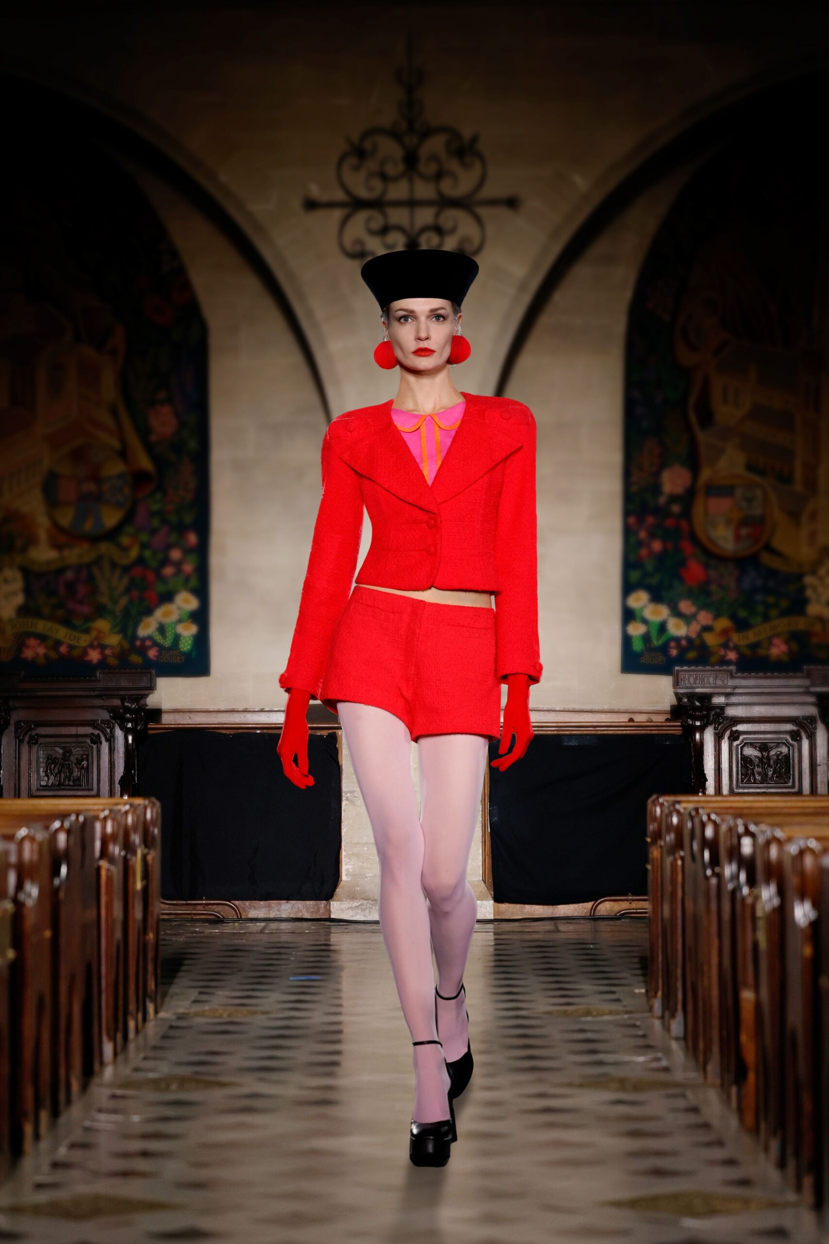 red wool long-sleeve collared fitted zippered cropped jacket