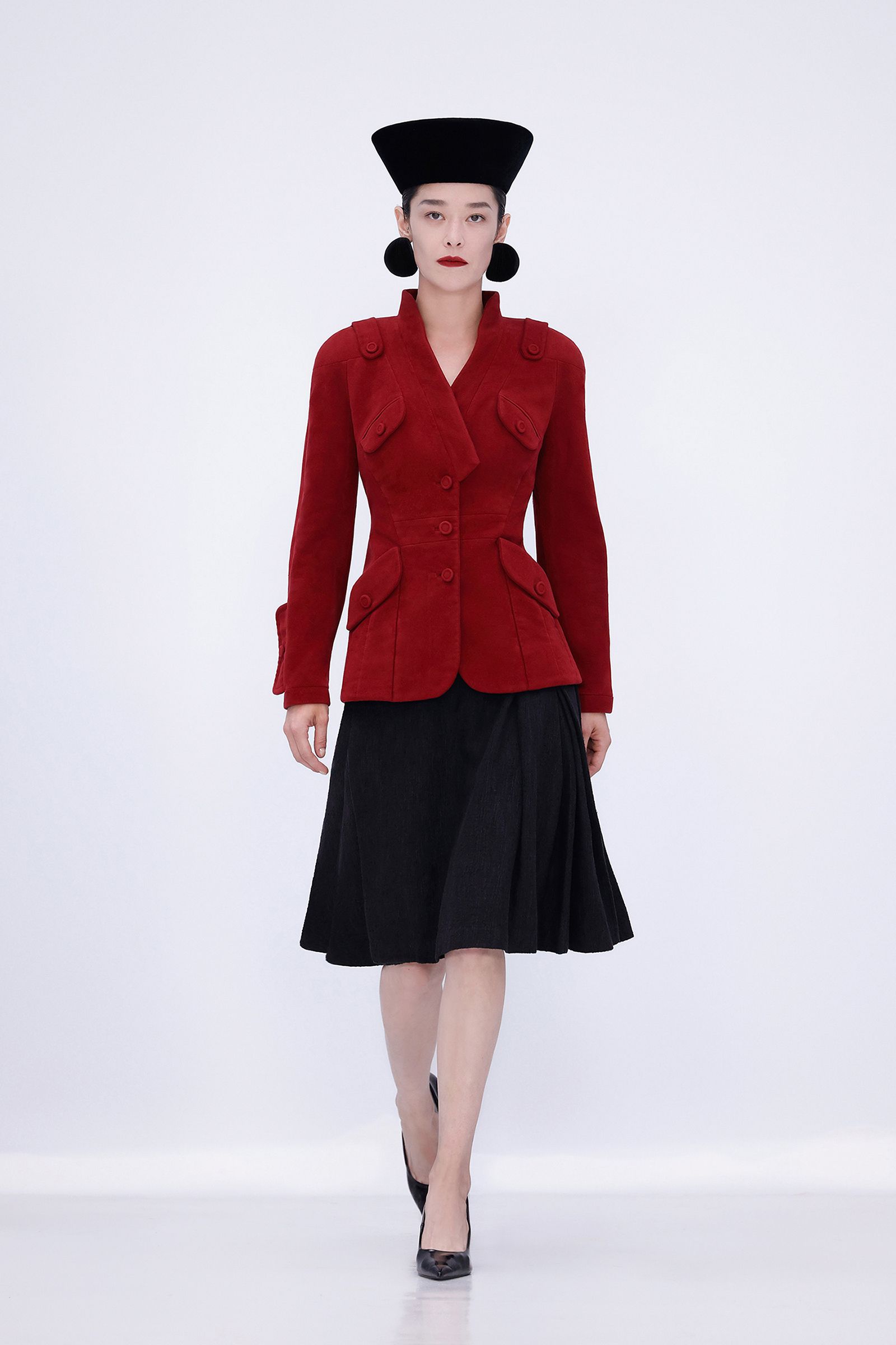 red suede long-sleeve collared structured buttoned blazer
