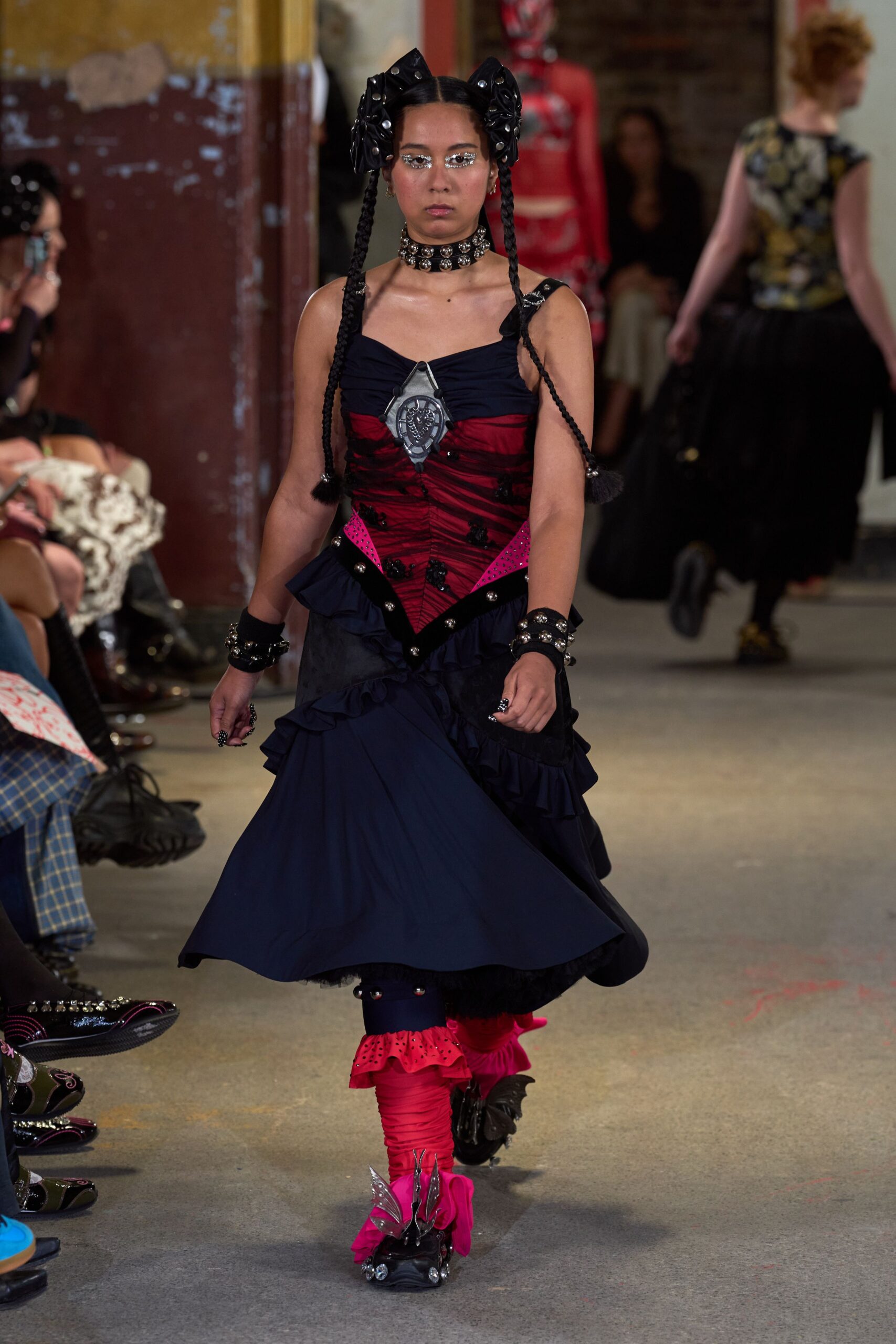 black red navy ruffled dress